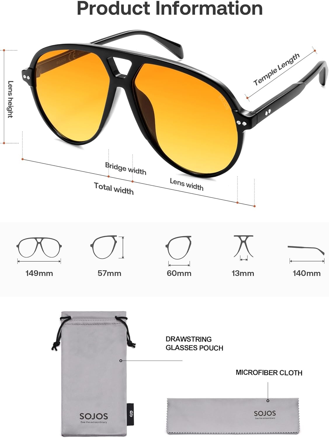 image:imageSOJOS Oversized Retro Aviator Sunglasses for Women Men Tangle Free Classic Vintage 70s Shades SJ2665BlackYellow