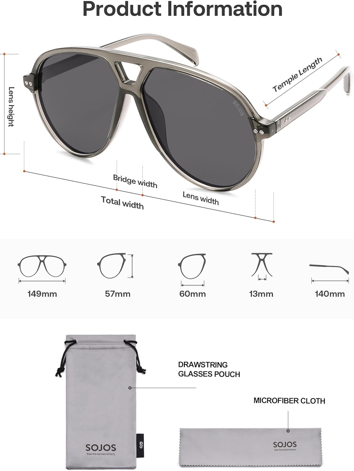 image:imageSOJOS Oversized Retro Aviator Sunglasses for Women Men Tangle Free Classic Vintage 70s Shades SJ2665Transparent GreyGrey Lens