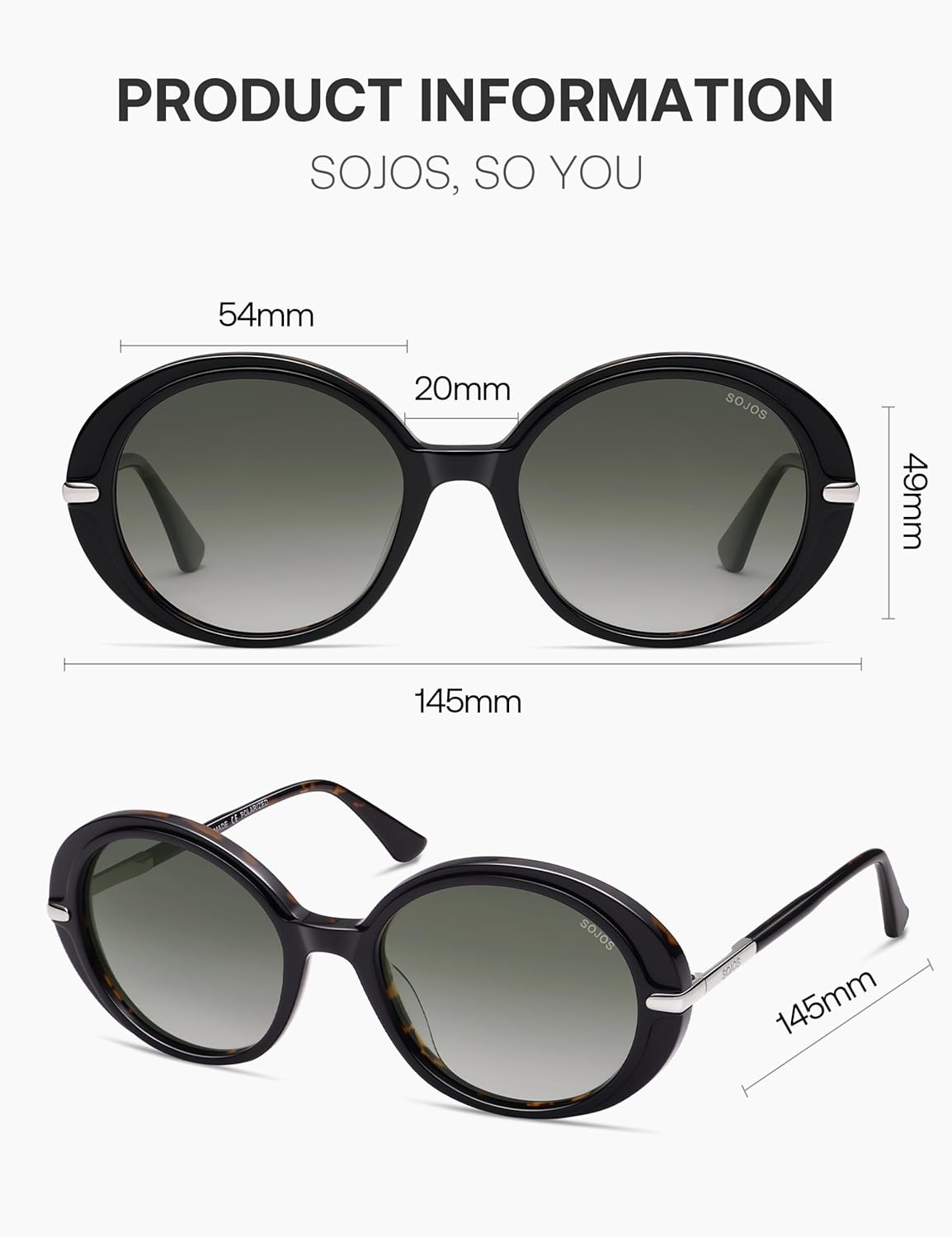 image:imageSOJOS Oversized Round Sunglasses for Women Polarized Lenses Acetate Frame Retro Vintage Sun Glasses OdetteBlackGradient Grey