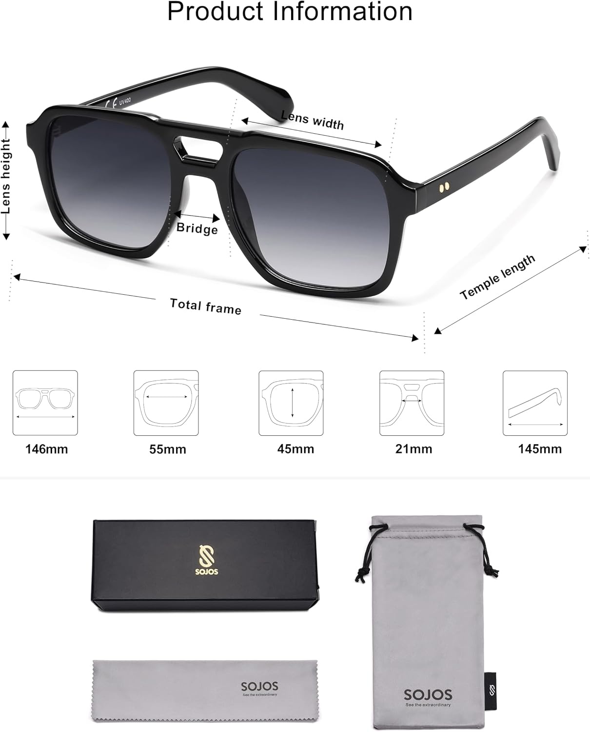 image:imageSOJOS Retro Aviator Polarized Sunglasses For Women Men Womens Oversized Thick Square Vintage 70s Sun Glasses SJ2330Black Grey Grading