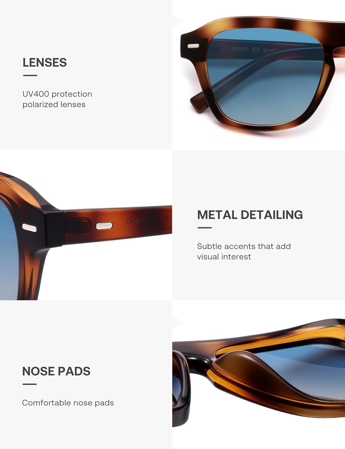 image:imageSOJOS Retro Aviator Polarized Sunglasses for Men Women Vintage Square Mens Shades SJ2632Tortoise Frame Blue Grading Lens