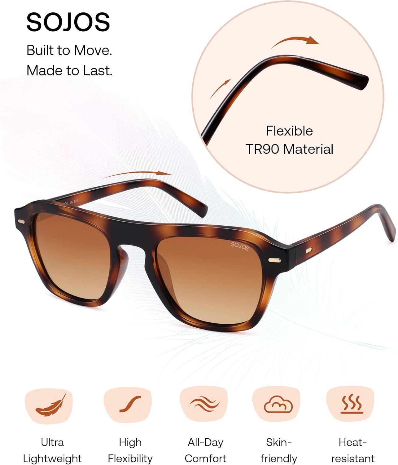 image:imageSOJOS Retro Aviator Polarized Sunglasses for Men Women Vintage Square Mens Shades SJ2632Tortoise Frame Brown Grading Lens