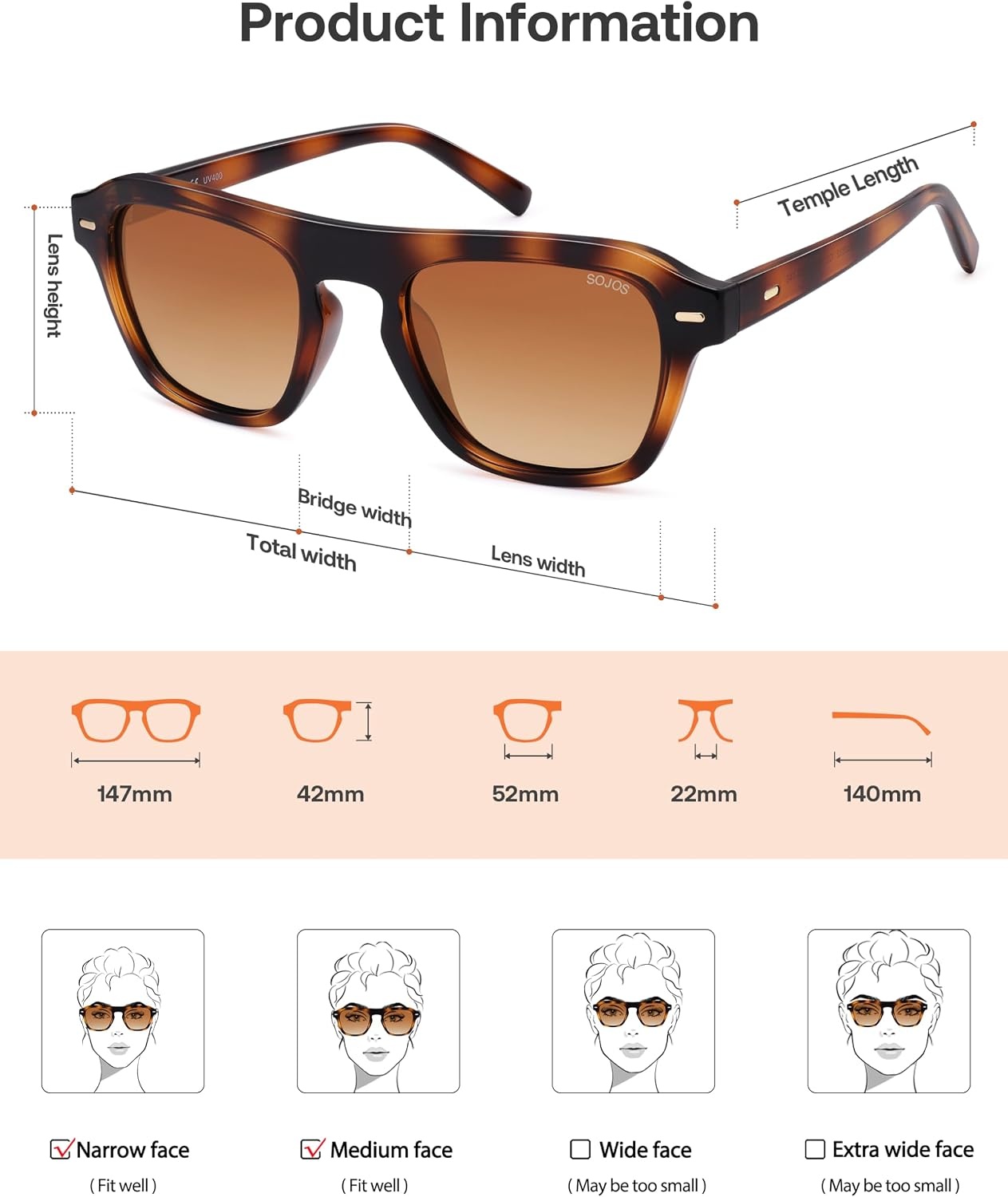 image:imageSOJOS Retro Aviator Polarized Sunglasses for Men Women Vintage Square Mens Shades SJ2632Tortoise Frame Brown Grading Lens