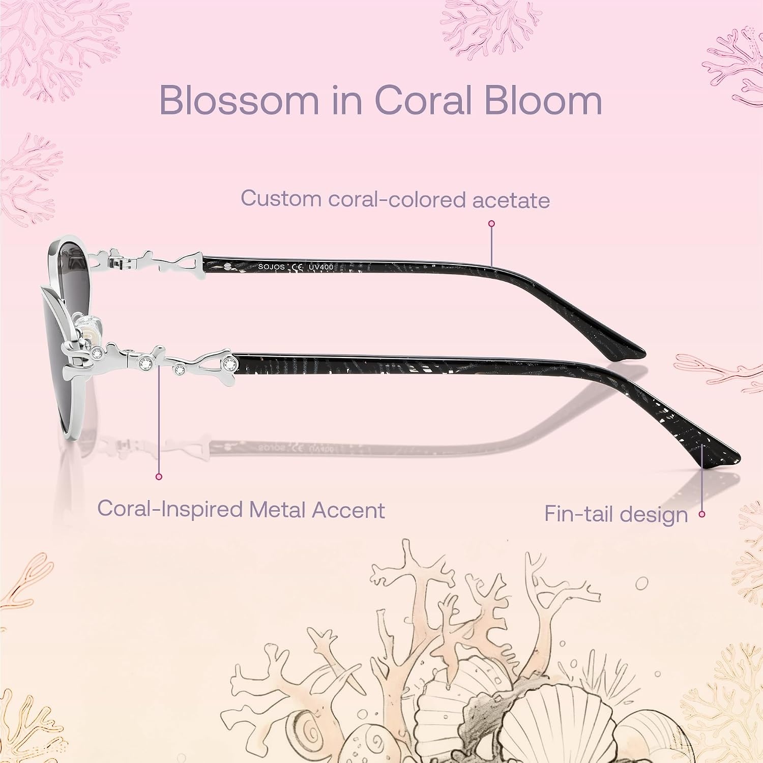image:imageSOJOS Retro Cat Eye Sunglasses Women Men Acetate Metal Frame Trendy Designer UV400 Sun Glasses Staghorn CoralGoldGrey