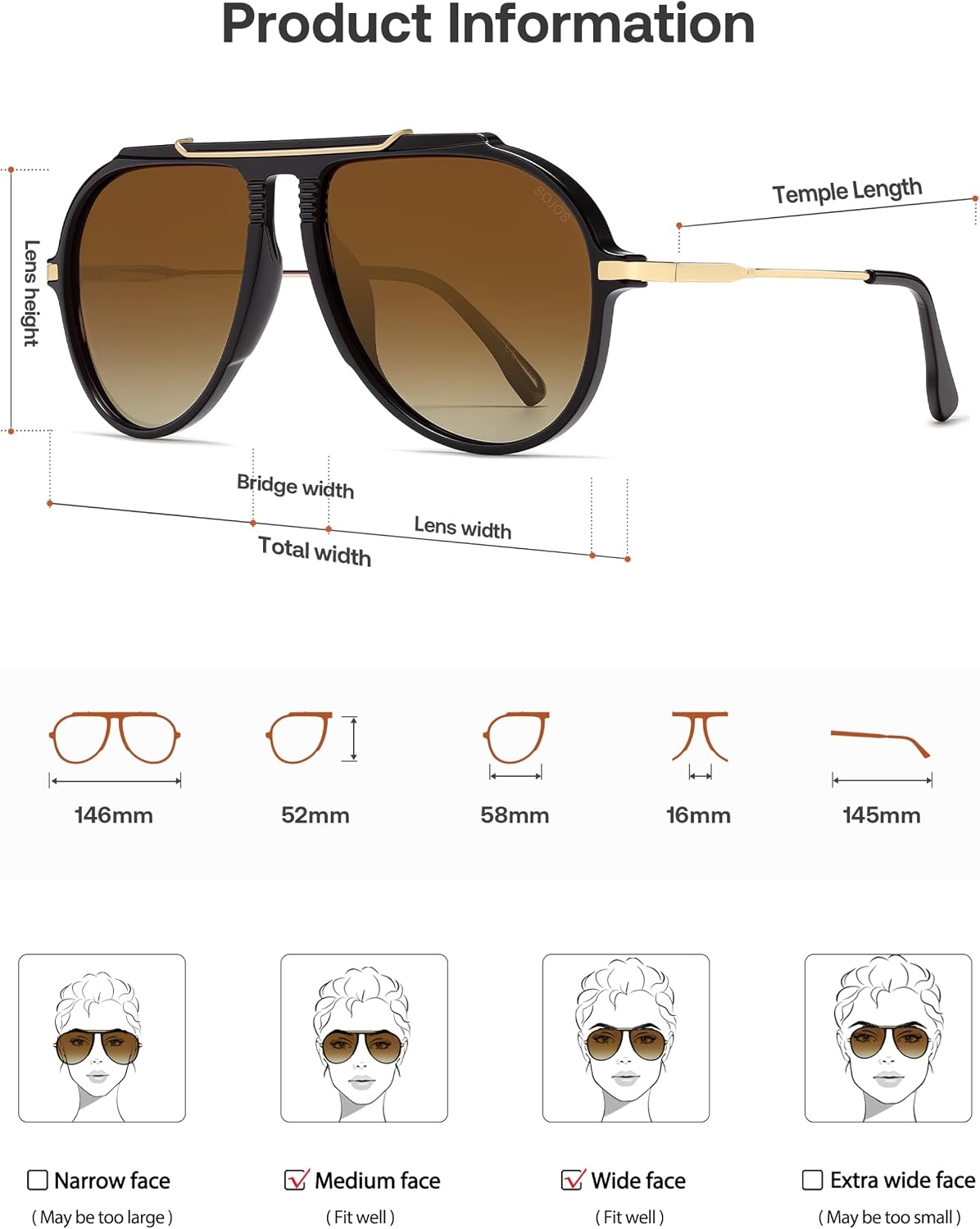image:imageSOJOS Retro Oversized 70s 90s Aviator Sunglasses for Women Men Trendy Vintage Square Sun Glasses SJ2693Brown Frame Brown Grading Lens
