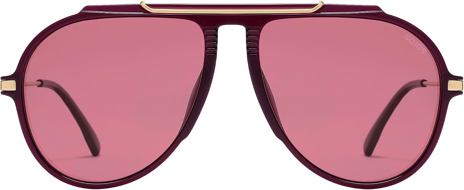 image:imageSOJOS Retro Oversized 70s 90s Aviator Sunglasses for Women Men Trendy Vintage Square Sun Glasses SJ2693Purplish Red Frame Red Lens