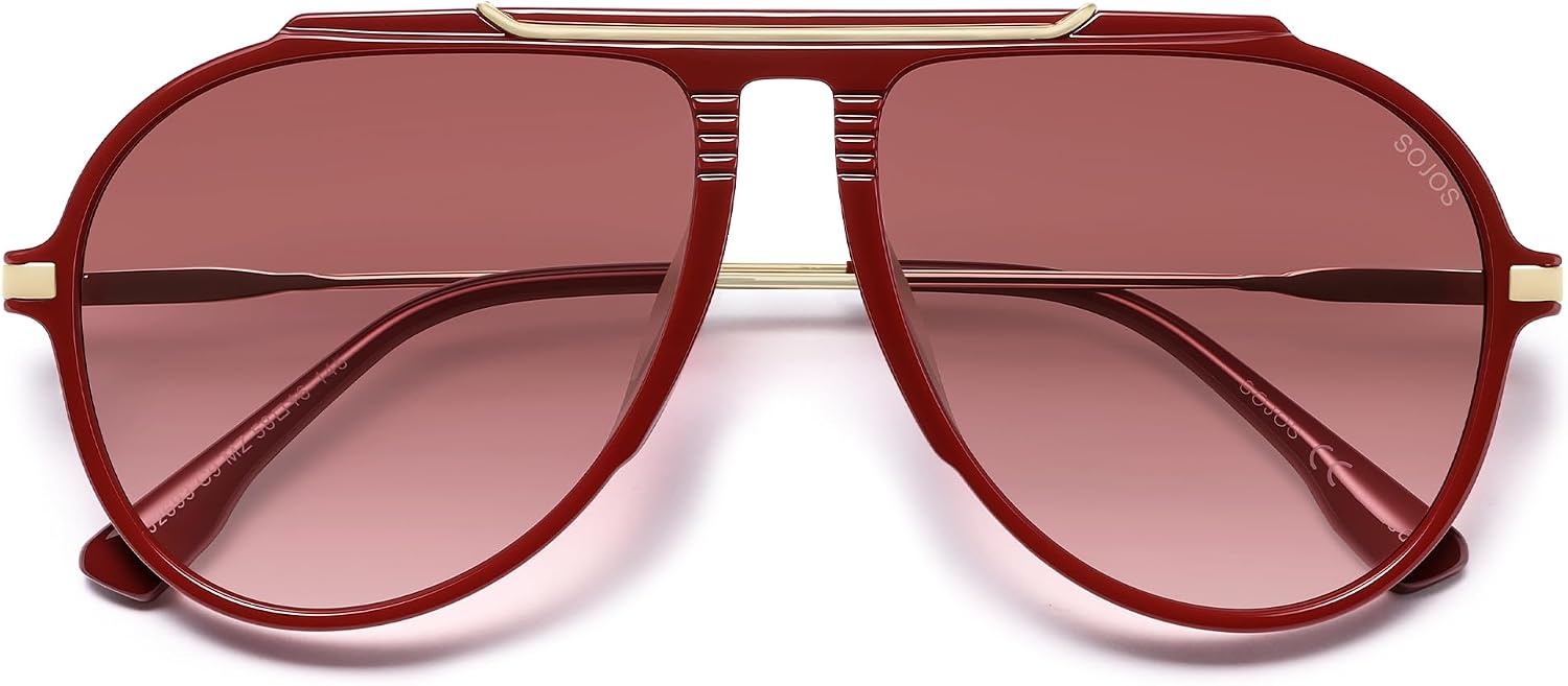 image:imageSOJOS Retro Oversized 70s 90s Aviator Sunglasses for Women Men Trendy Vintage Square Sun Glasses SJ2693Red Frame Red Grading Lens