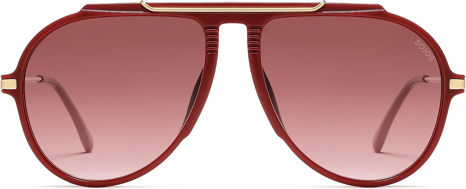 image:imageSOJOS Retro Oversized 70s 90s Aviator Sunglasses for Women Men Trendy Vintage Square Sun Glasses SJ2693Red Frame Red Grading Lens