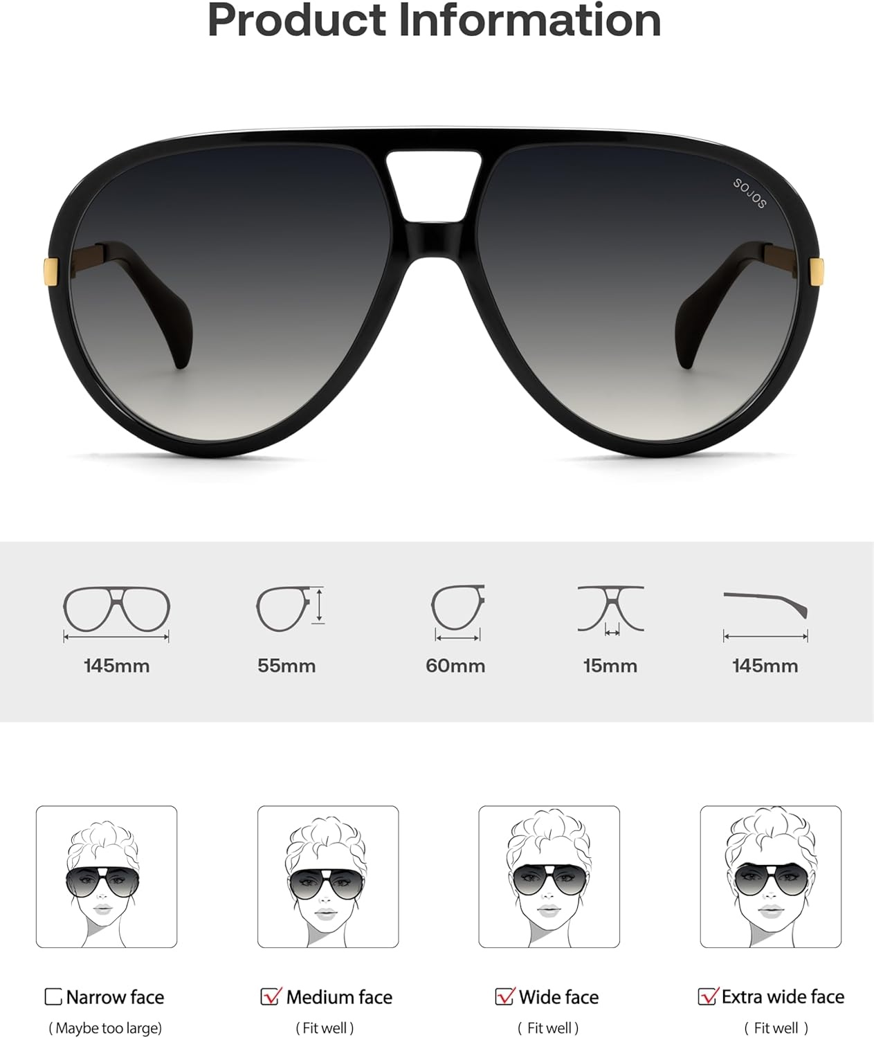 image:imageSOJOS Retro Oversized Aviator Polarized Sunglasses for Women Men Vintage Shield Large Shades SJ2657Shiny BlackGrey