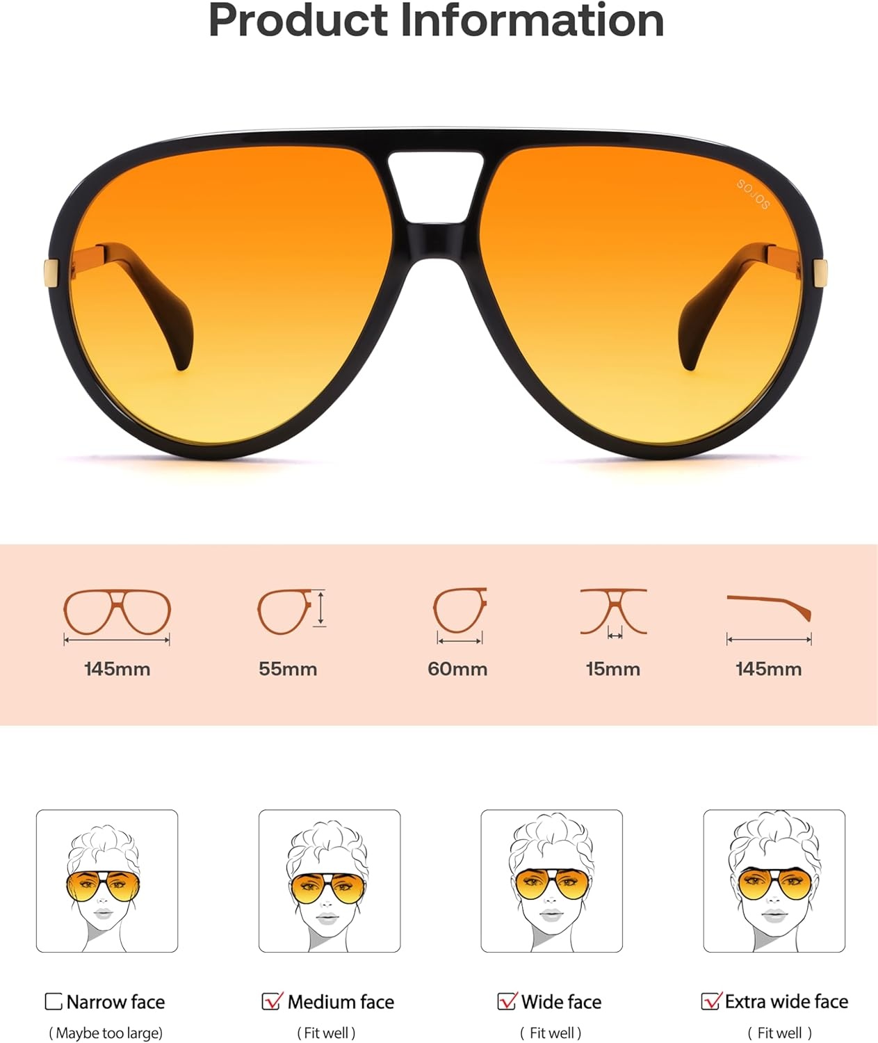 image:imageSOJOS Retro Oversized Aviator Polarized Sunglasses for Women Men Vintage Shield Large Shades SJ2657Shiny BlackYellow