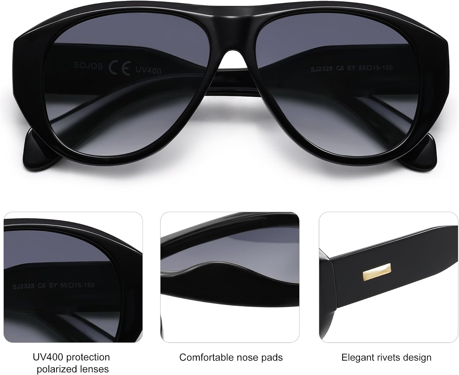 image:imageSOJOS Retro Oversized Polarized Aviator Sunglasses for Women Men Vintage 70s Style UV Protection Sunnies SJ2328Bright BlackGrey Grading