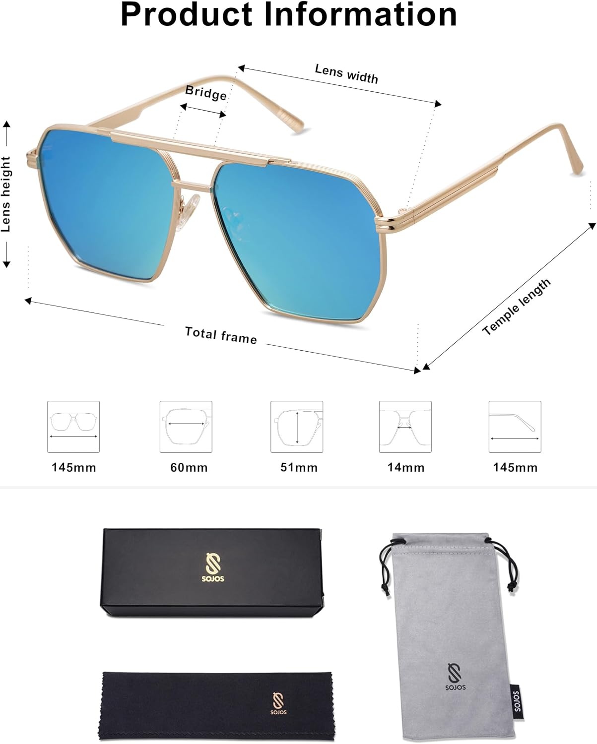 image:imageSOJOS Retro Oversized Square Polarized Sunglasses for Women Men Vintage Shades Classic Large Metal Sun GlassesK Gold