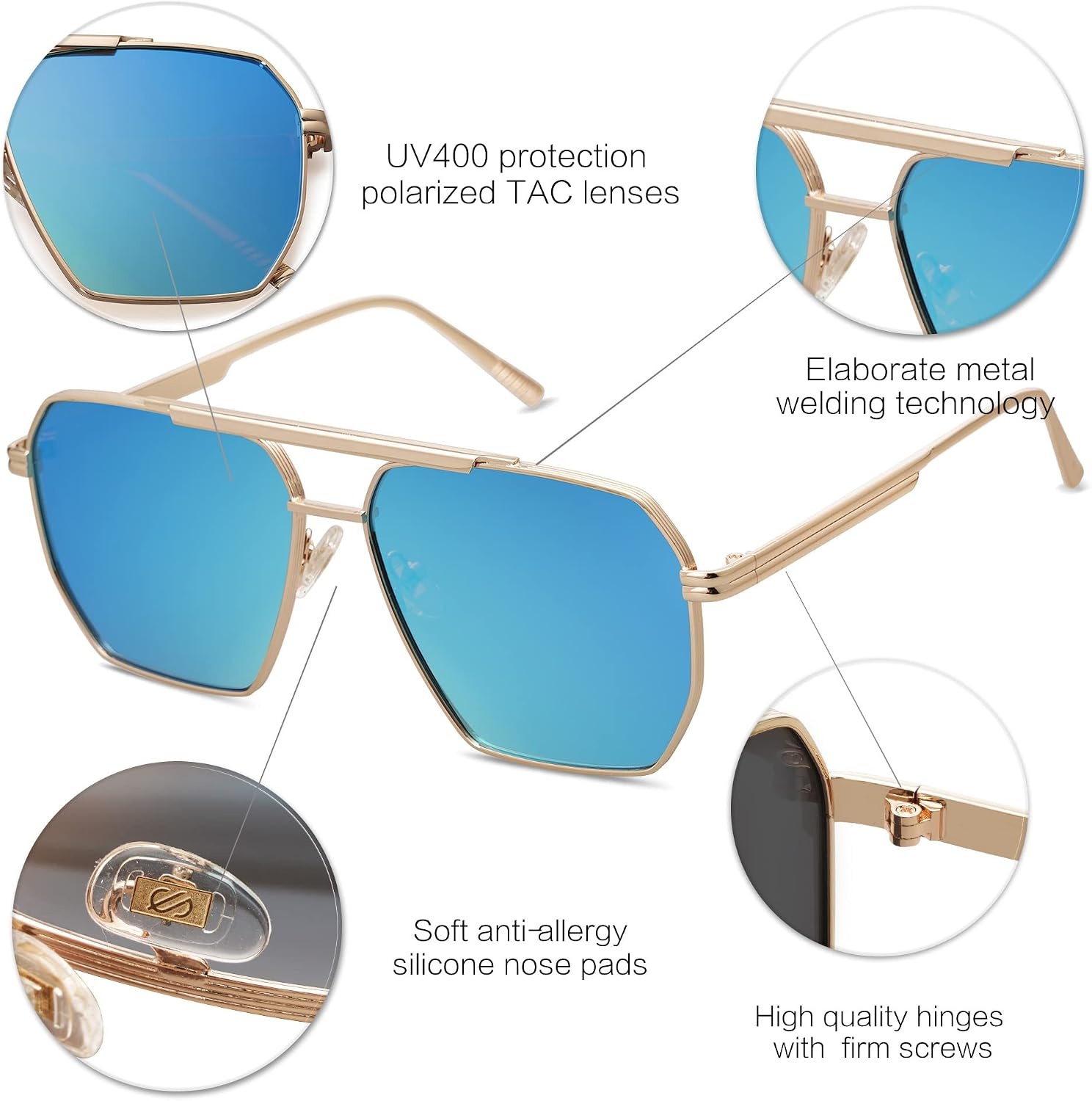 image:imageSOJOS Retro Oversized Square Polarized Sunglasses for Women Men Vintage Shades Classic Large Metal Sun GlassesK Gold