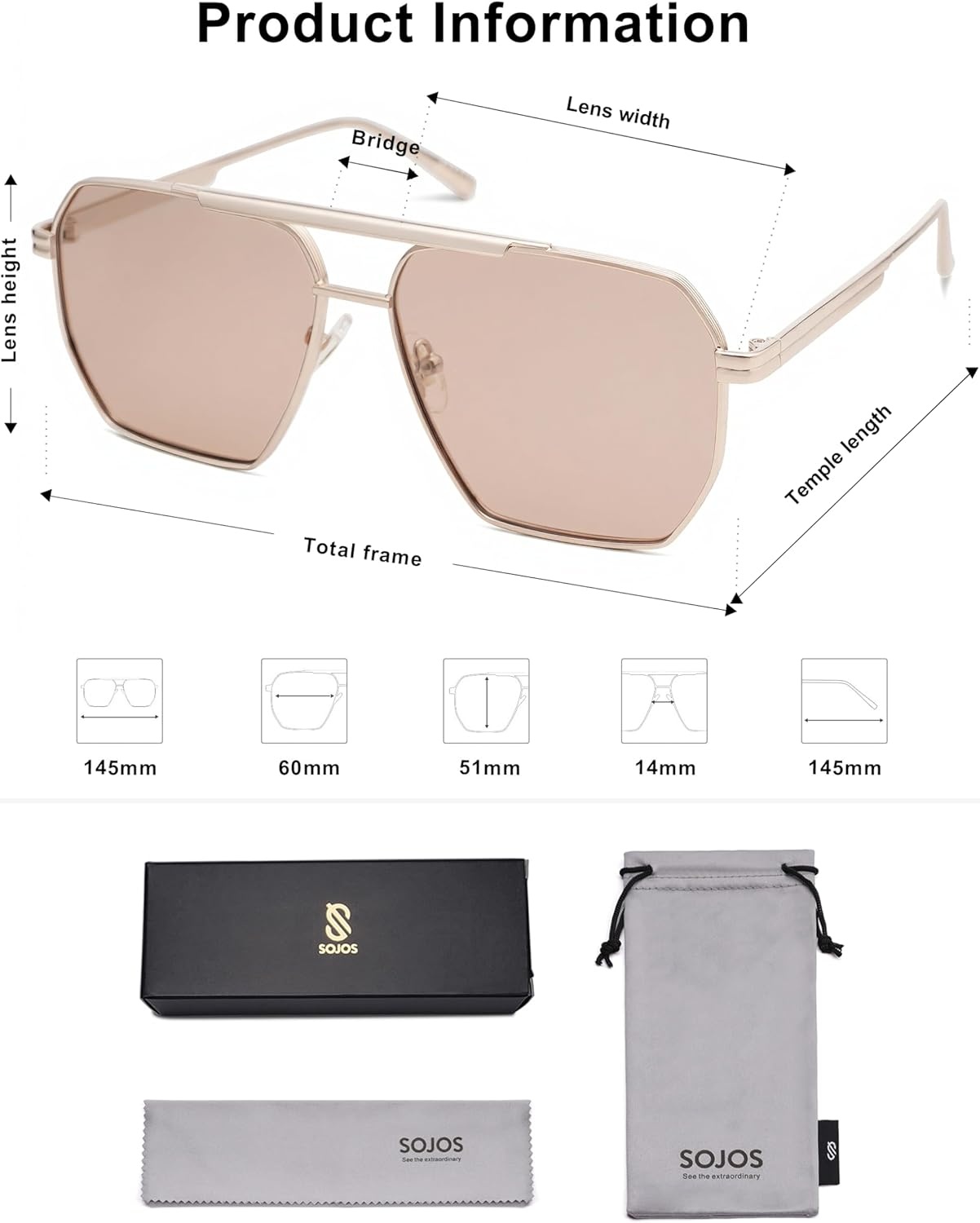 image:imageSOJOS Retro Oversized Square Polarized Sunglasses for Women Men Vintage Shades Classic Large Metal Sun GlassesLight GoldLight Brown