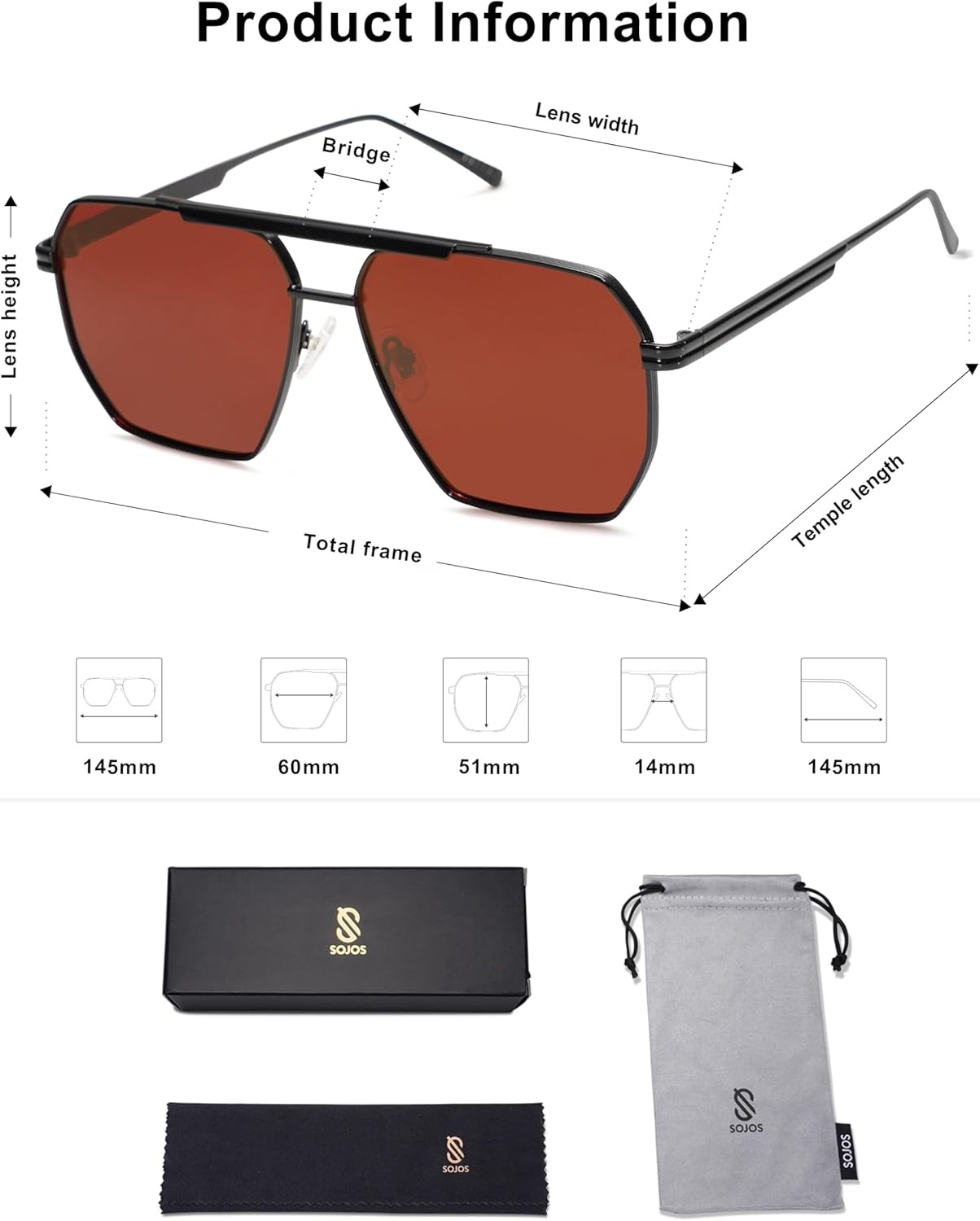 image:imageSOJOS Retro Oversized Square Polarized Sunglasses for Women Men Vintage Shades Classic Large Metal Sun GlassesMatte BlackRed