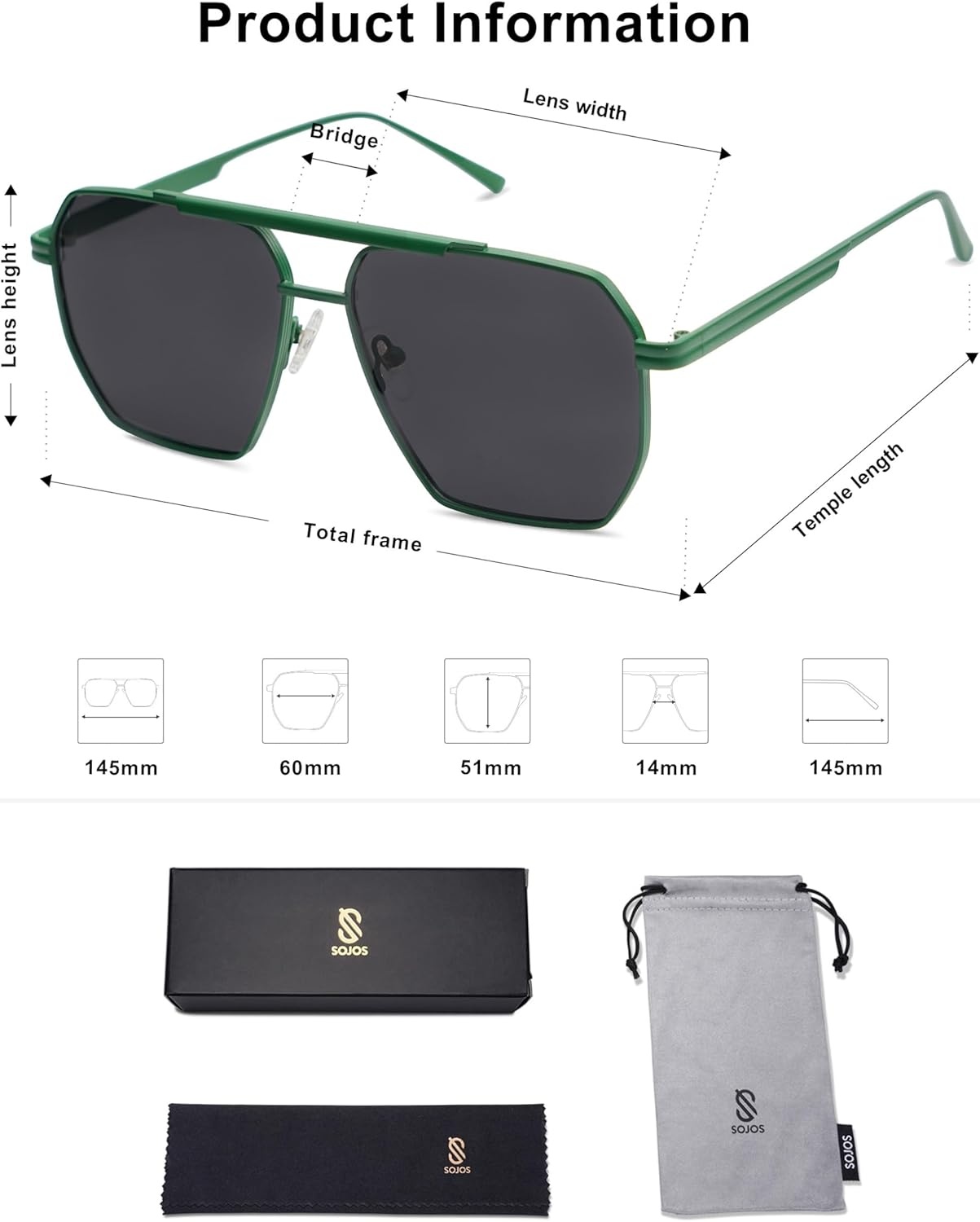 image:imageSOJOS Retro Oversized Square Polarized Sunglasses for Women Men Vintage Shades Classic Large Metal Sun GlassesMatte GreenGrey