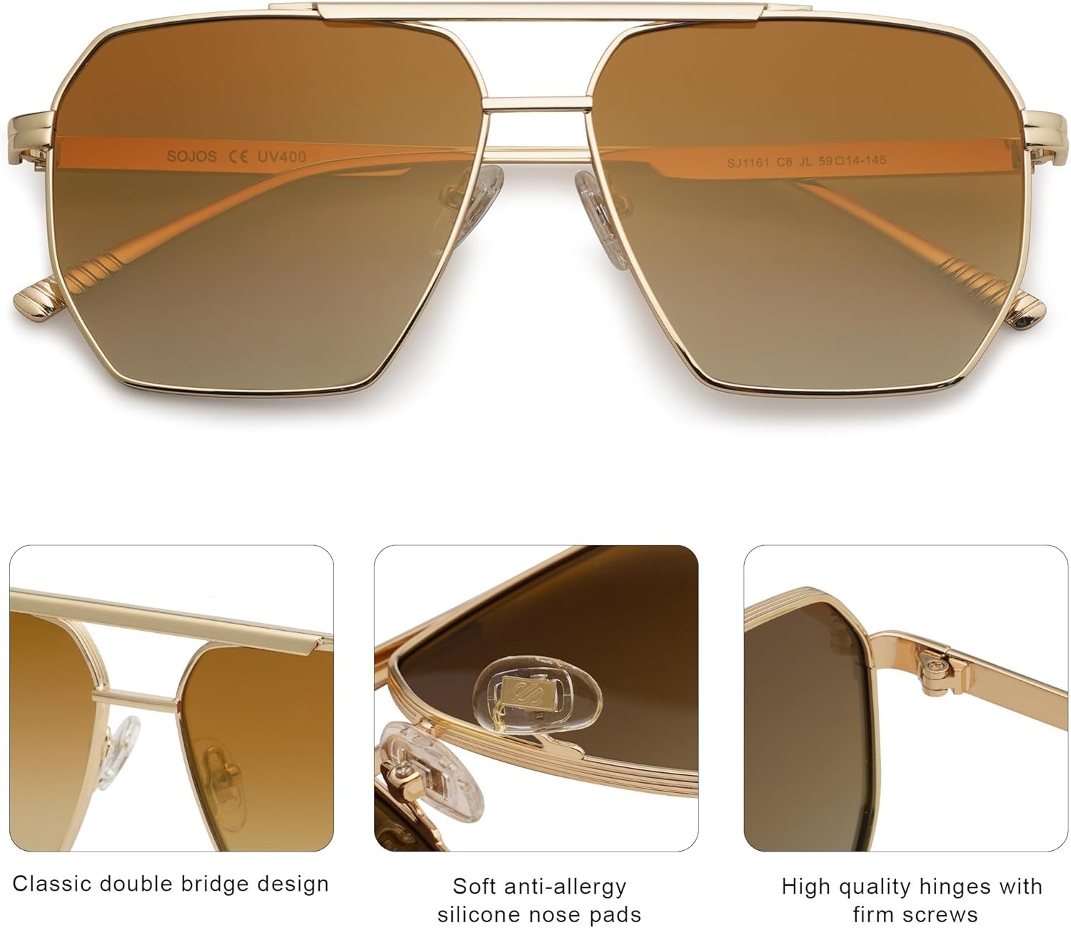 image:imageSOJOS Retro Oversized Square Polarized Sunglasses for Women Men Vintage Shades Classic Large Metal Sun GlassesShiny GoldGradient Brown