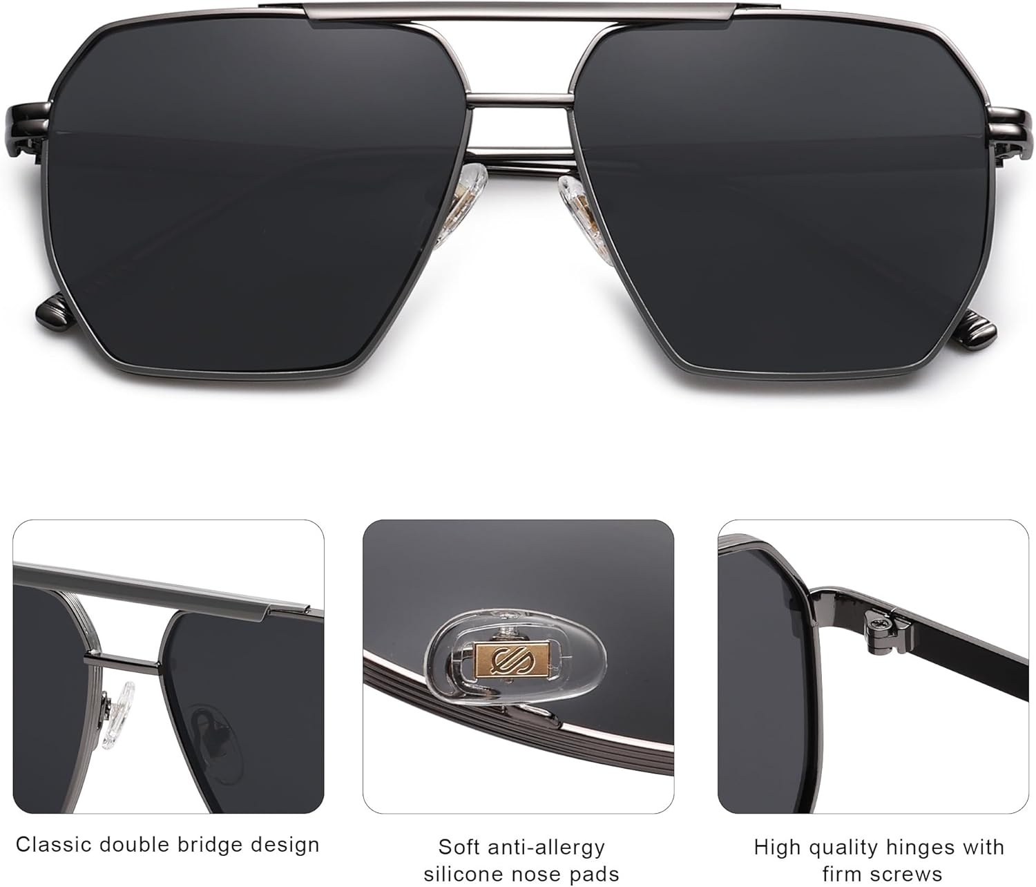 image:imageSOJOS Retro Oversized Square Polarized Sunglasses for Women Men Vintage Shades Classic Large Metal Sun GlassesShiny Grey  Grey