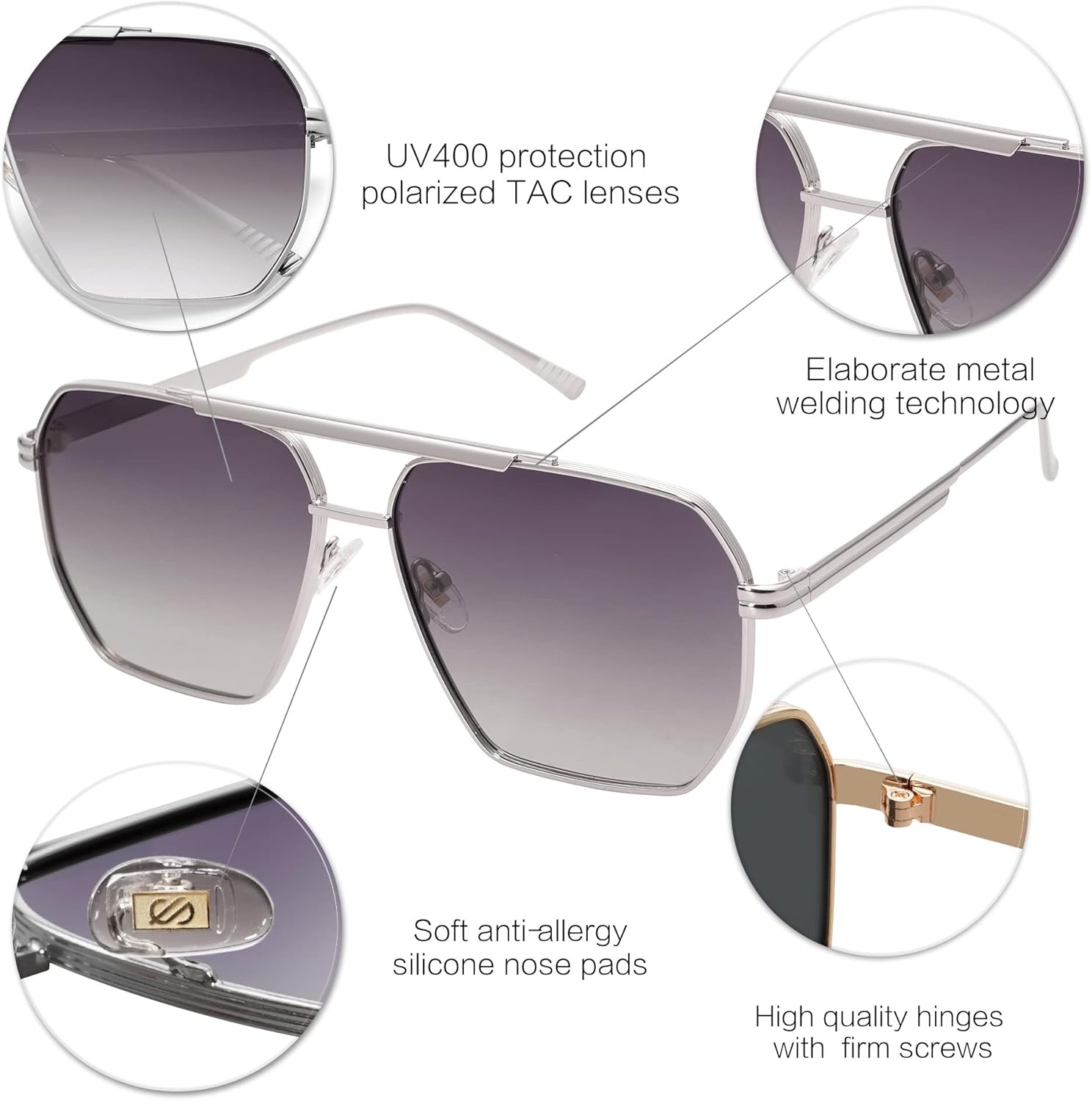 image:imageSOJOS Retro Oversized Square Polarized Sunglasses for Women Men Vintage Shades Classic Large Metal Sun GlassesSilverGrey