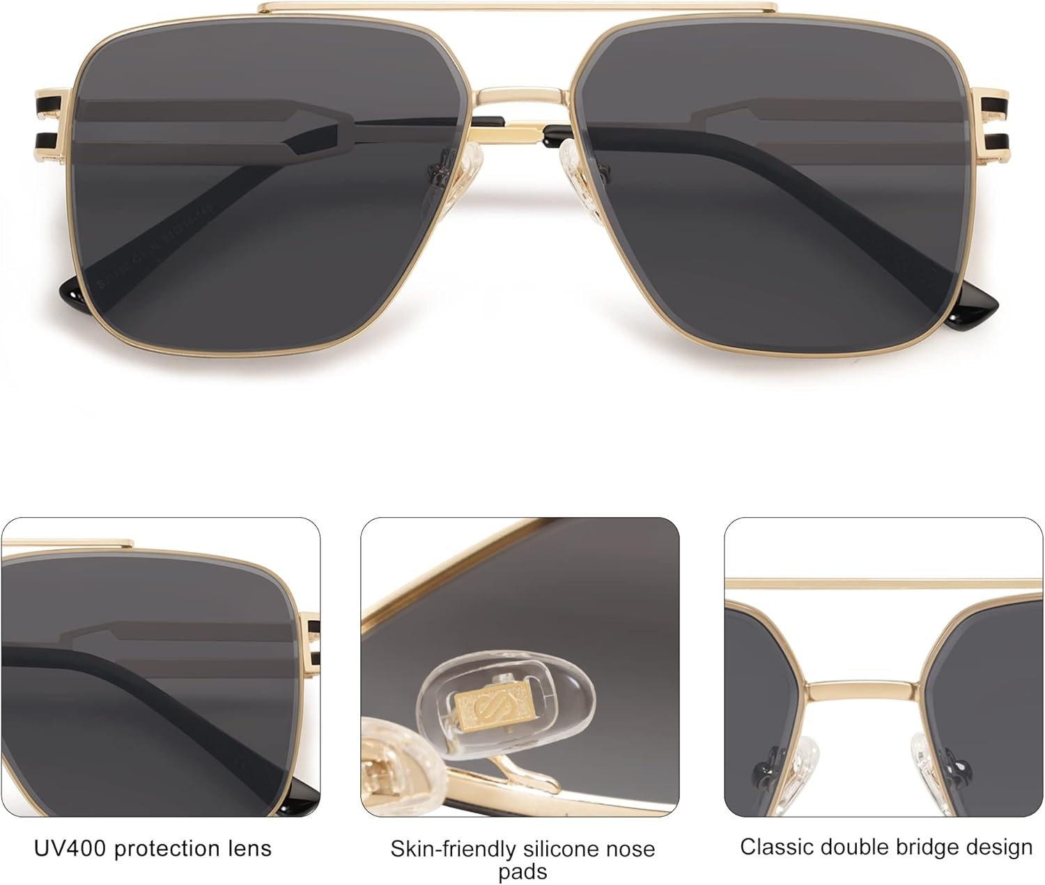 image:imageSOJOS Retro Oversized Square Sunglasses for Women Men Vintage Large Double Bridge Metal Frame Unisex Sunglasses SJ1180GoldGrey
