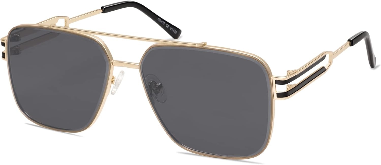 image:imageSOJOS Retro Oversized Square Sunglasses for Women Men Vintage Large Double Bridge Metal Frame Unisex Sunglasses SJ1180GoldGrey