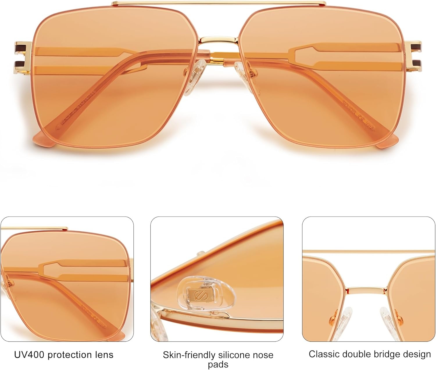 image:imageSOJOS Retro Oversized Square Sunglasses for Women Men Vintage Large Double Bridge Metal Frame Unisex Sunglasses SJ1180GoldOrange