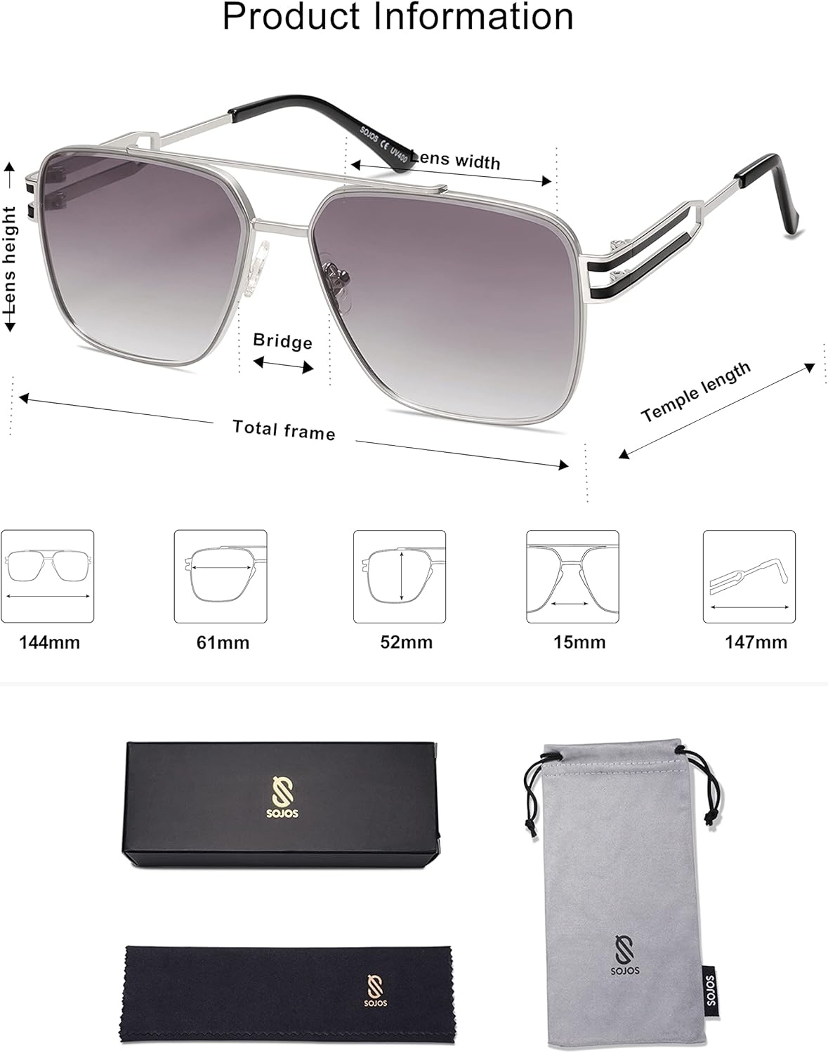 image:imageSOJOS Retro Oversized Square Sunglasses for Women Men Vintage Large Double Bridge Metal Frame Unisex Sunglasses SJ1180SilverGrey Grading