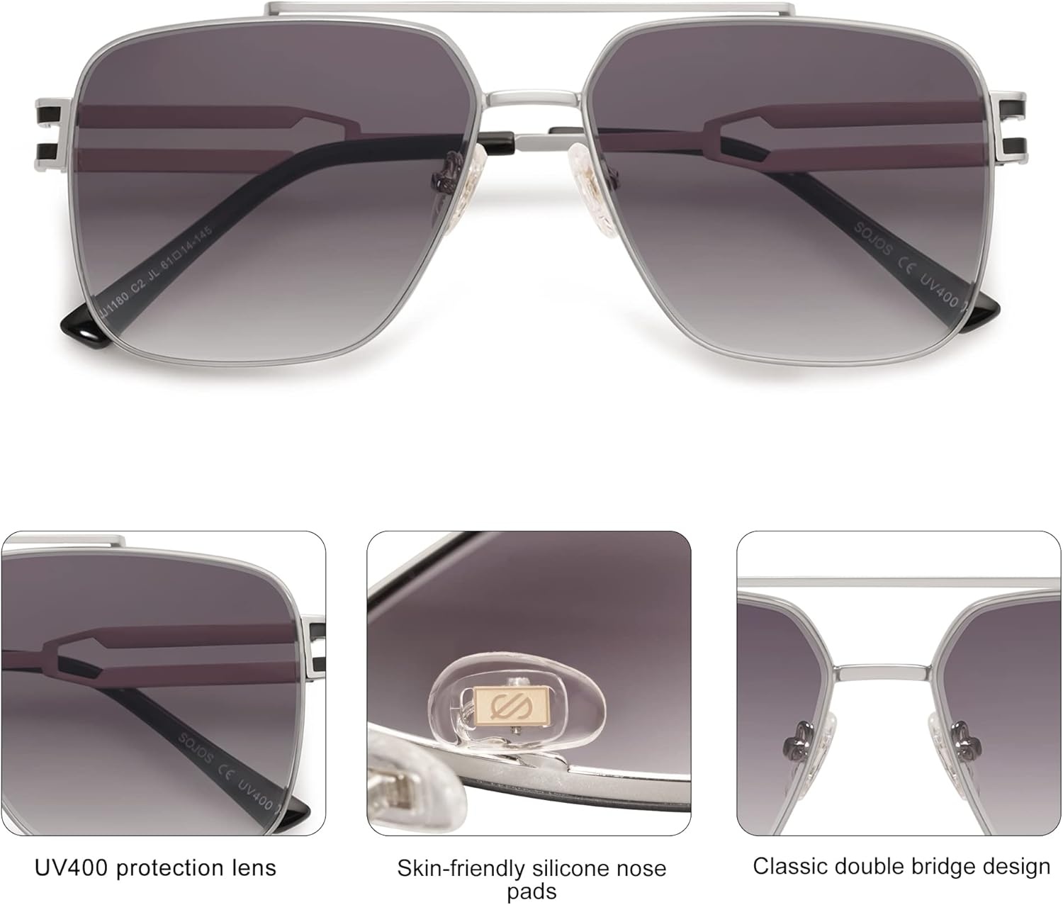 image:imageSOJOS Retro Oversized Square Sunglasses for Women Men Vintage Large Double Bridge Metal Frame Unisex Sunglasses SJ1180SilverGrey Grading