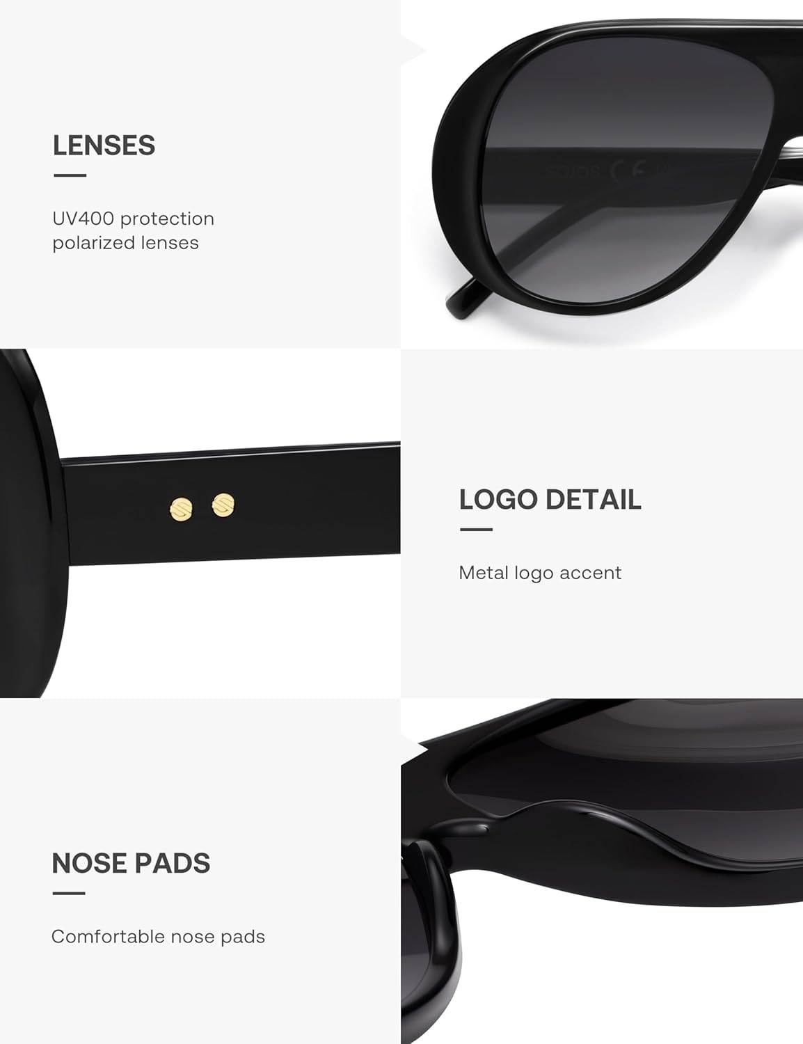 image:imageSOJOS Retro Polarized Oversized 90s Aviator Sunglasses Womens Men Trendy Vintage Square Shades SJ2661Black Frame Grey Grading Lens