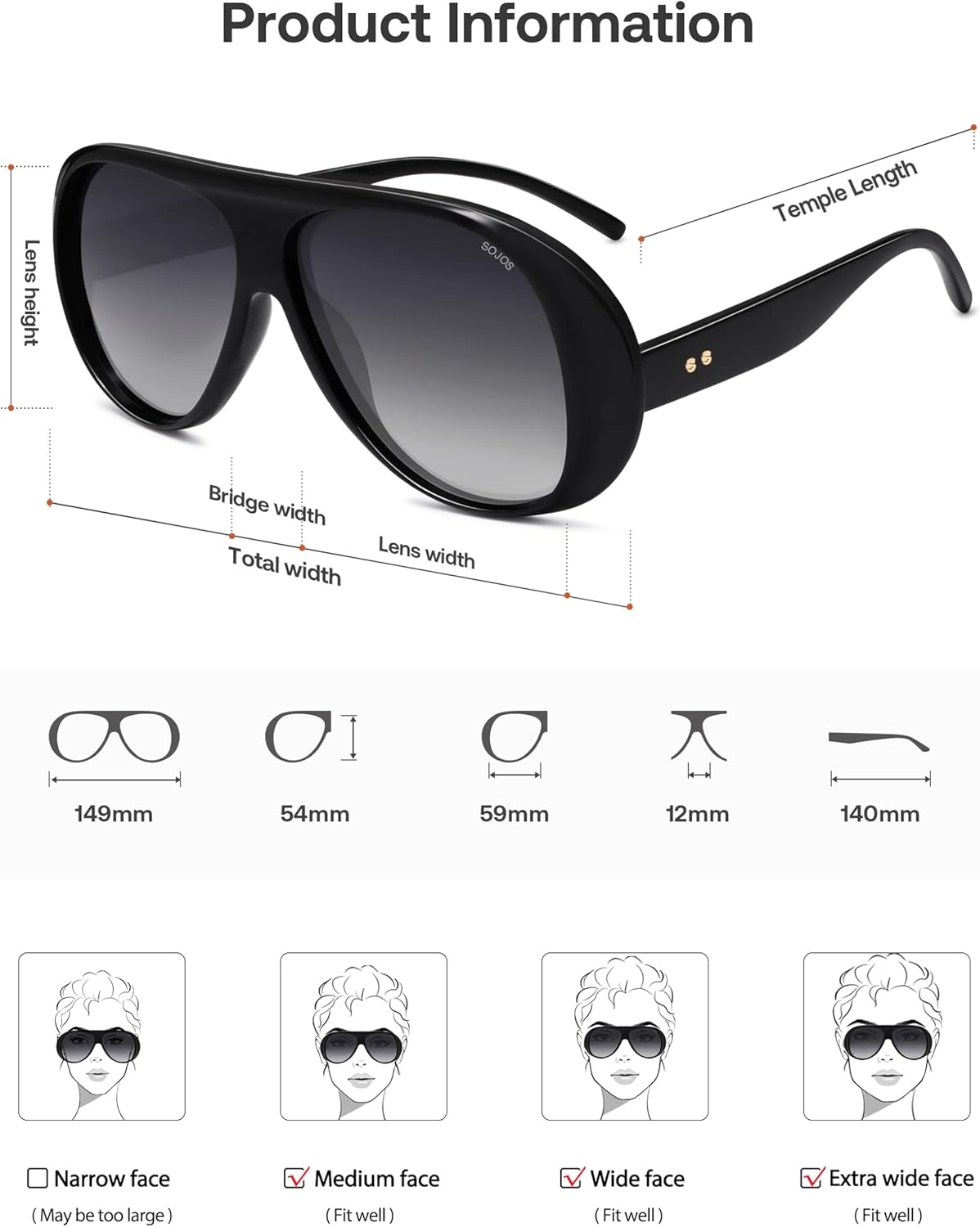 image:imageSOJOS Retro Polarized Oversized 90s Aviator Sunglasses Womens Men Trendy Vintage Square Shades SJ2661Black Frame Grey Grading Lens