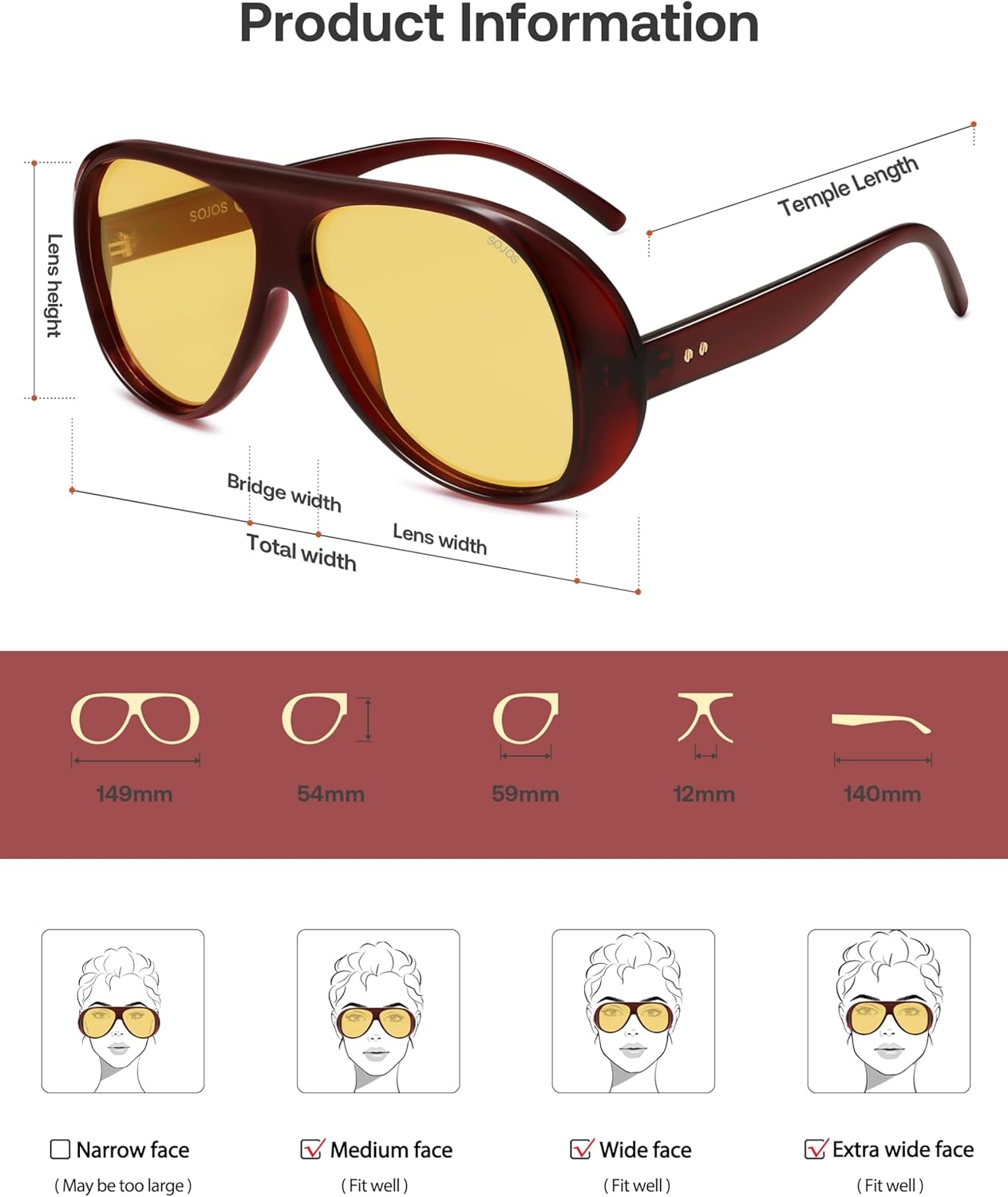 image:imageSOJOS Retro Polarized Oversized 90s Aviator Sunglasses Womens Men Trendy Vintage Square Shades SJ2661Brown Frame Yellow Lens