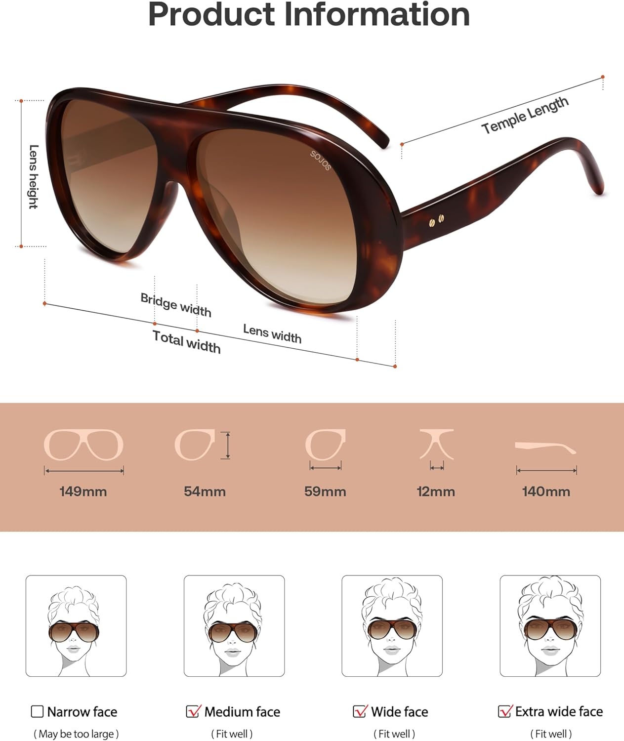 image:imageSOJOS Retro Polarized Oversized 90s Aviator Sunglasses Womens Men Trendy Vintage Square Shades SJ2661Tortoise Frame Brown Grading Lens