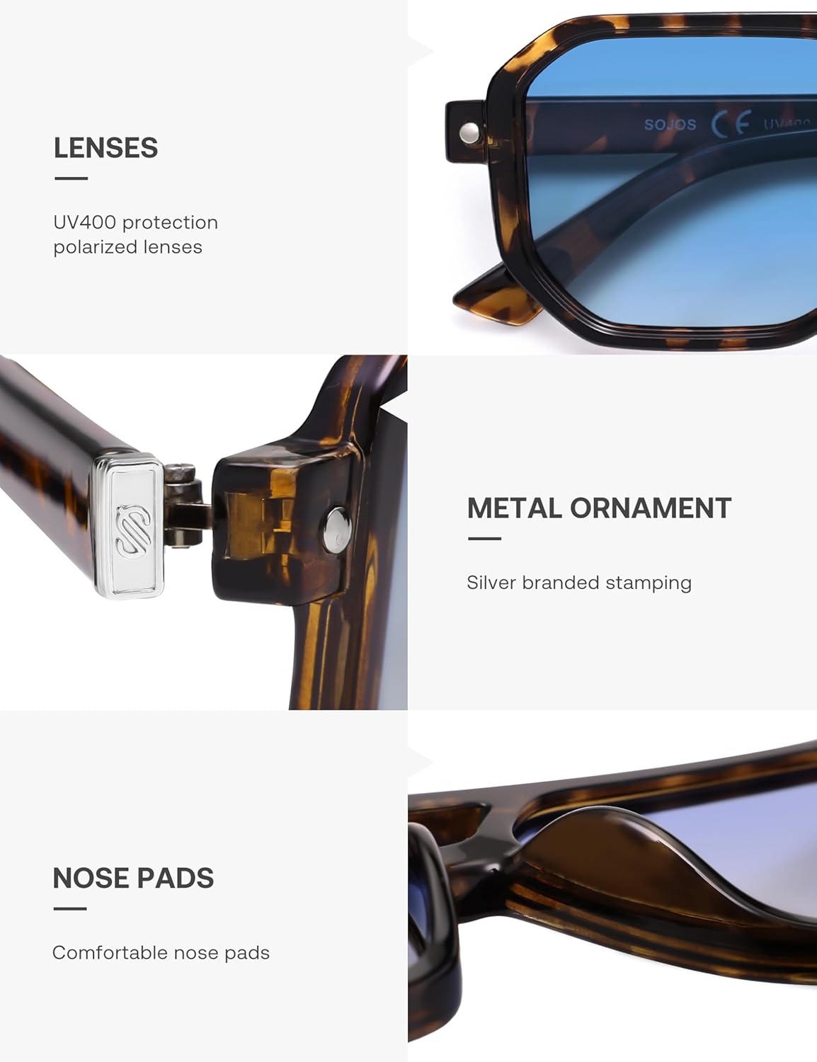 image:imageSOJOS Retro Polarized Square Aviator Sunglasses for Women Men Vintage 70s UV400 Protection Shade SJ2609Tortoise Blue Grading Lens