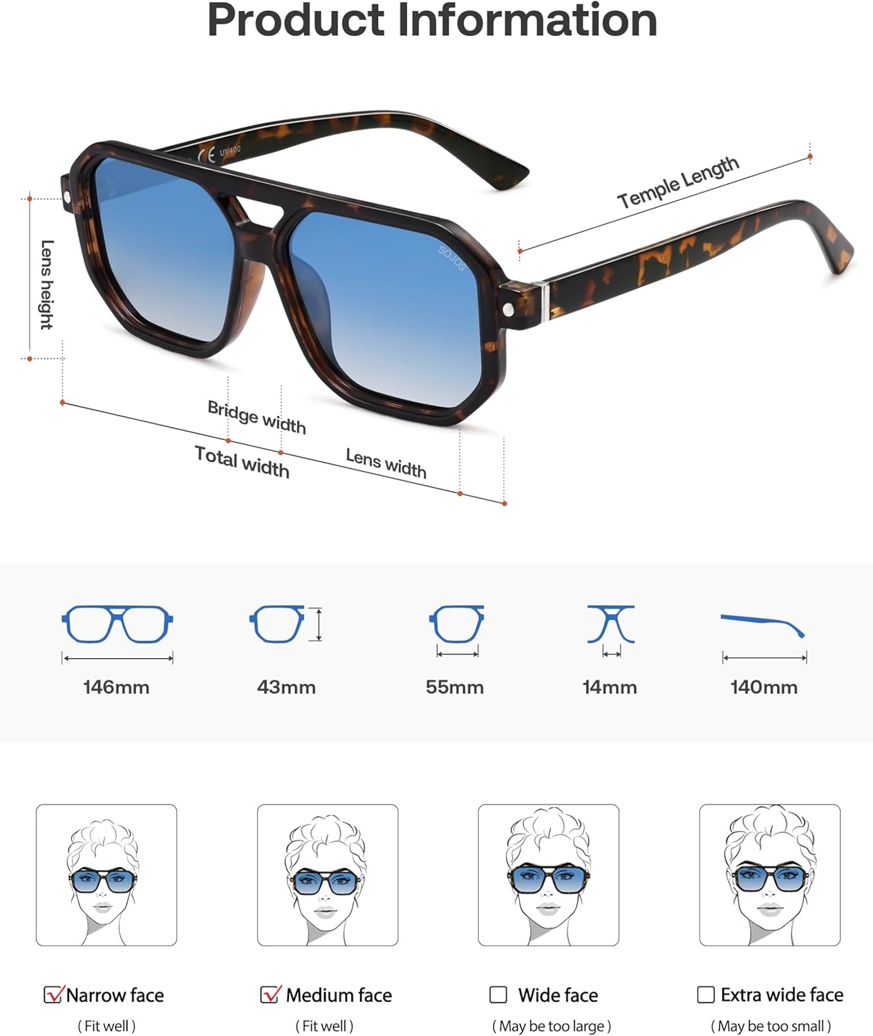 image:imageSOJOS Retro Polarized Square Aviator Sunglasses for Women Men Vintage 70s UV400 Protection Shade SJ2609Tortoise Blue Grading Lens