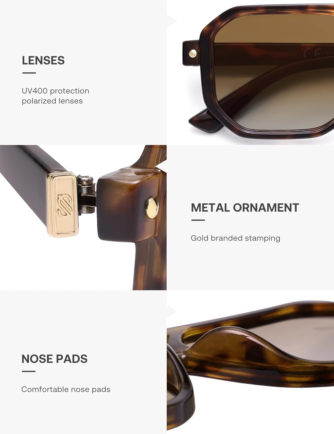 image:imageSOJOS Retro Polarized Square Aviator Sunglasses for Women Men Vintage 70s UV400 Protection Shade SJ2609Tortoise Brown Grading Lens