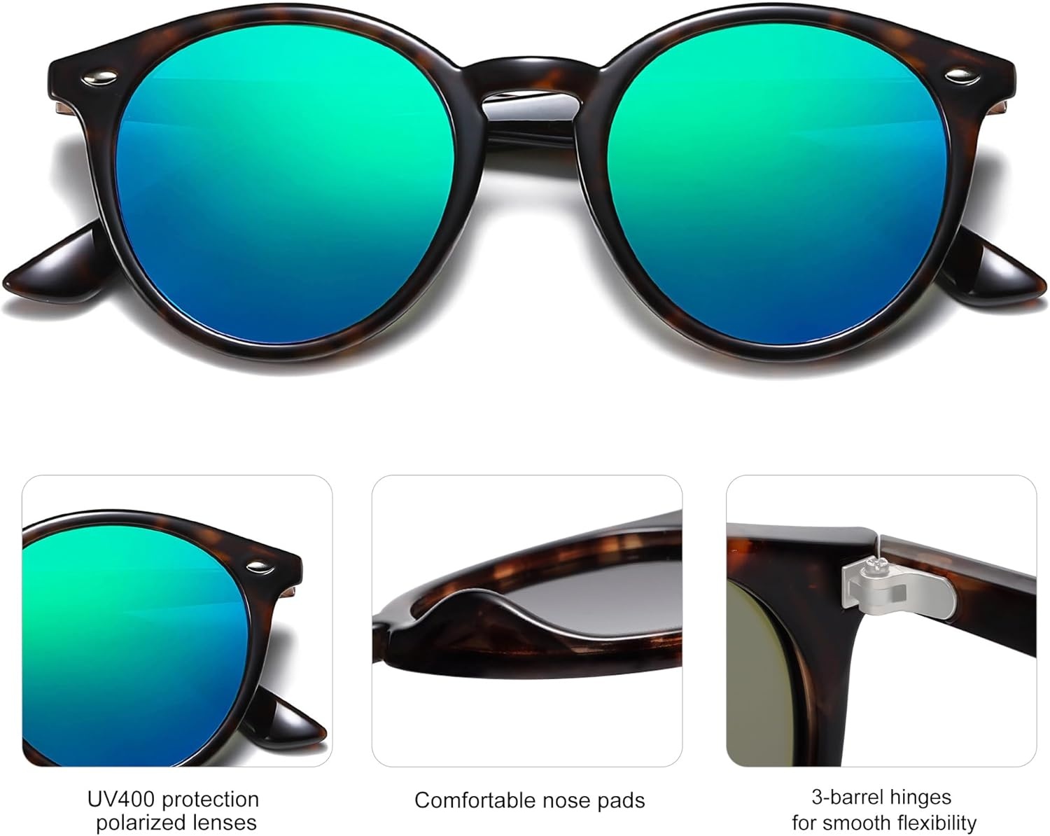 image:imageSOJOS Retro Round Polarized Sunglasses for Women Men Classic Vintage Sunnies SJ2069Dark TortoiseBluish Green Mirrored
