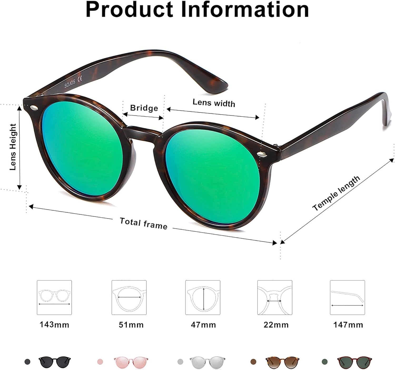 image:imageSOJOS Retro Round Polarized Sunglasses for Women Men Classic Vintage Sunnies SJ2069Dark TortoiseBluish Green Mirrored