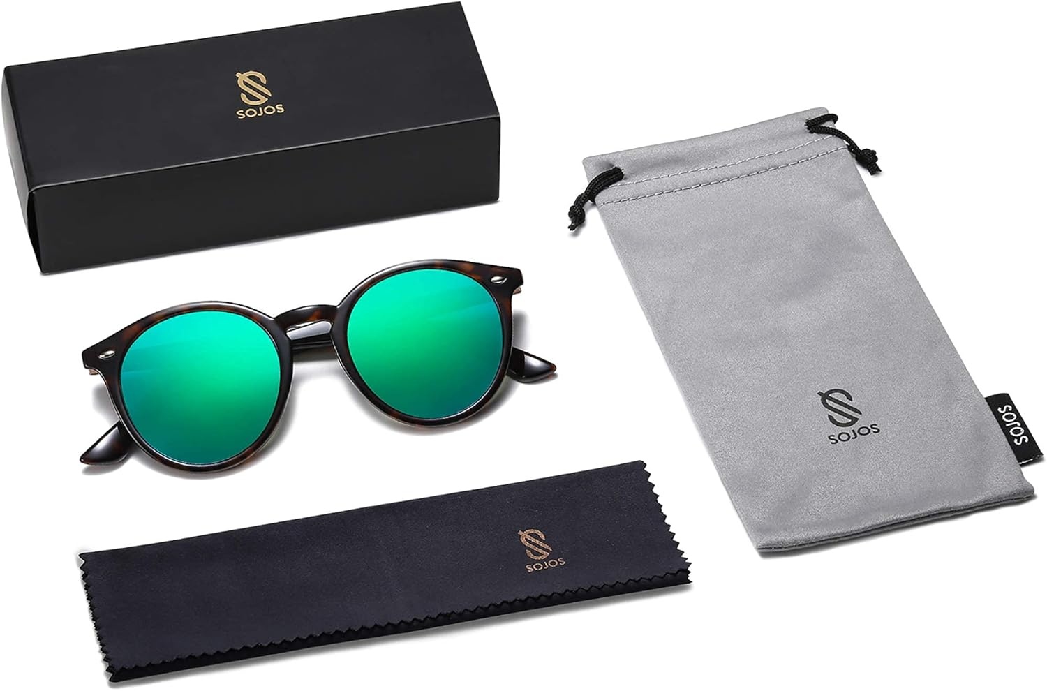 image:imageSOJOS Retro Round Polarized Sunglasses for Women Men Classic Vintage Sunnies SJ2069Dark TortoiseBluish Green Mirrored