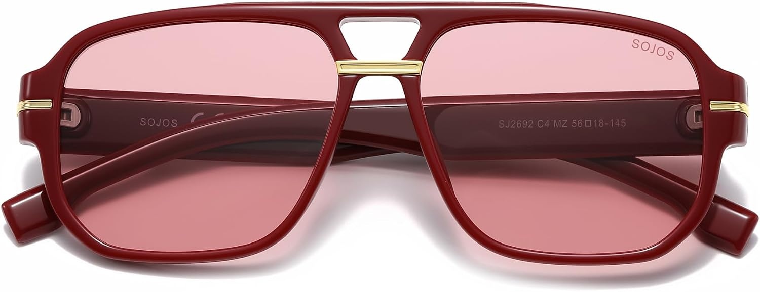 image:imageSOJOS Retro Square Aviator Sunglasses for Women Men 80s 90s Vintage Trendy Polarized Aviators SJ2692RedLight Red Tint