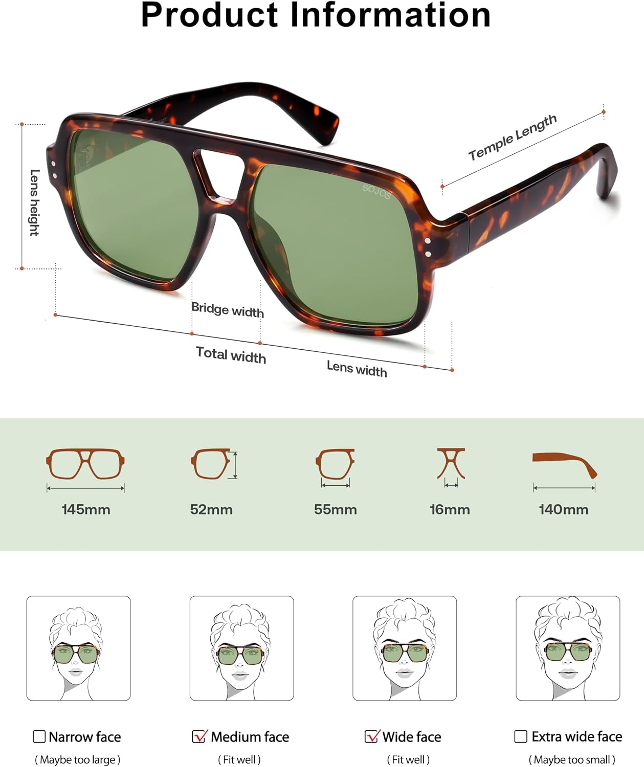 image:imageSOJOS Retro Square Polarized Aviator Sunglasses Womens Mens Trendy Vintage Aviators Shades SJ2613Brown TortoiseGreen