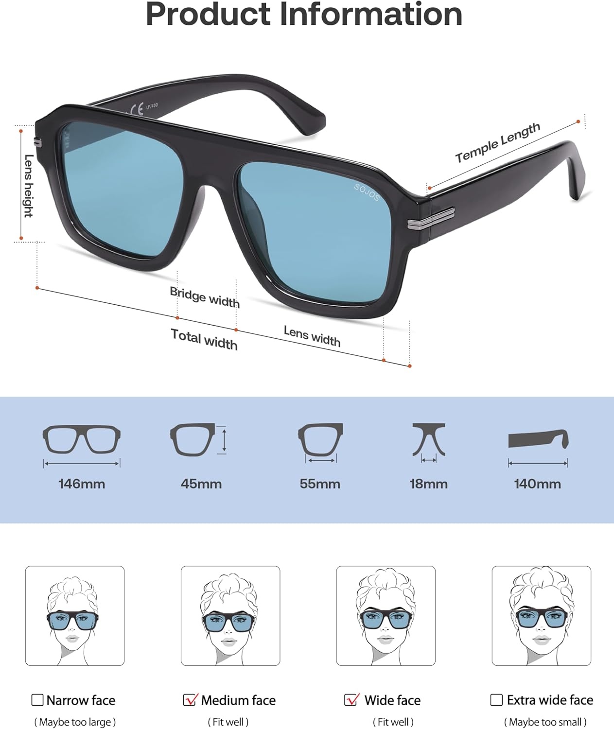image:imageSOJOS Retro Thick Polarized Aviator Sunglasses for Women Men Vintage Oversized Square Shades SJ2384GreyBlue