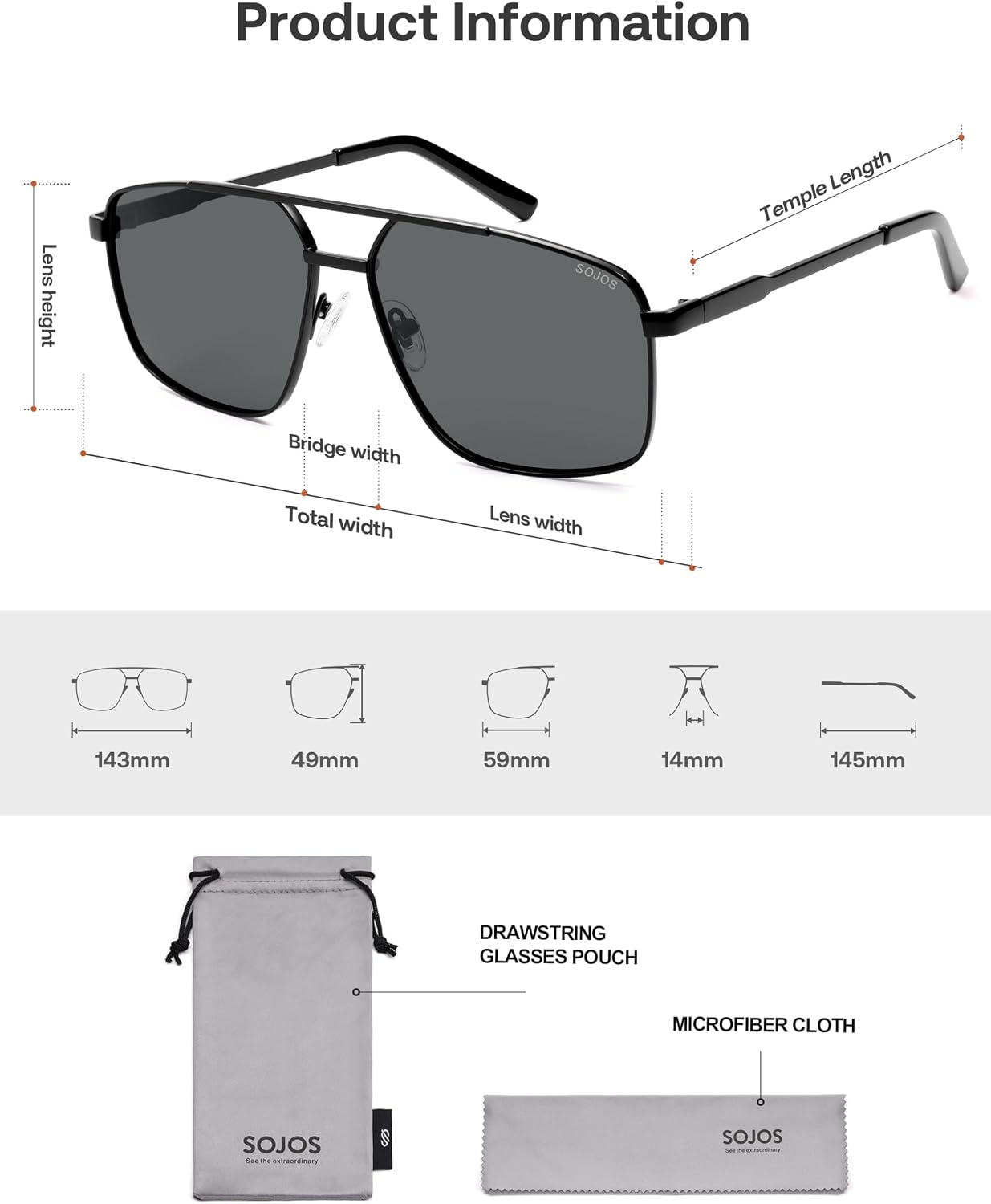 image:imageSOJOS Trendy Square Polarized Aviator Sunglasses for Women Men 80s 90s Retro Vintage Aviators SJ1283BlackGrey