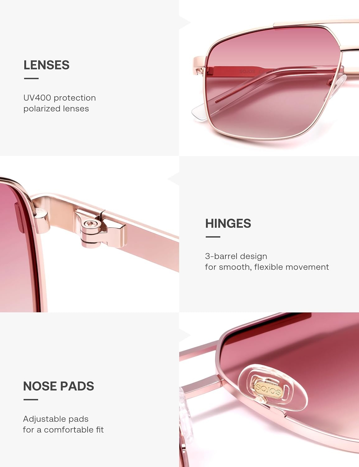 image:imageSOJOS Trendy Square Polarized Aviator Sunglasses for Women Men 80s 90s Retro Vintage Aviators SJ1283Rose GoldGradient Pink