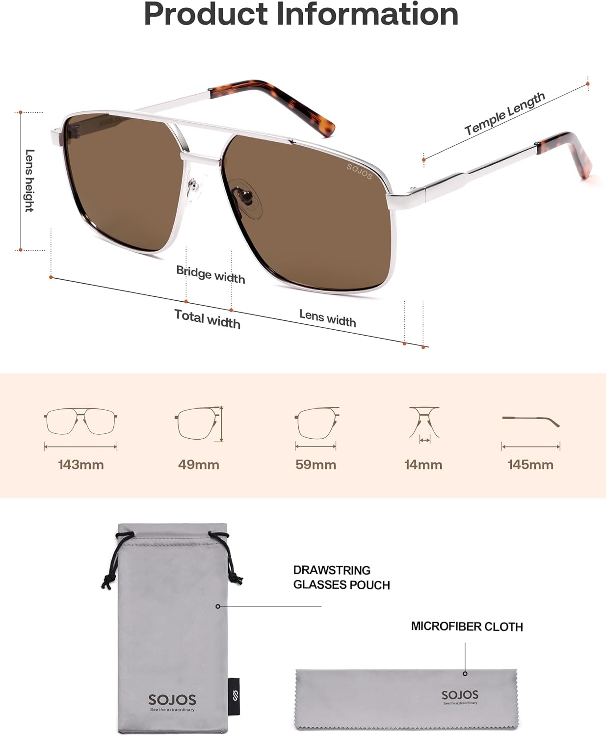 image:imageSOJOS Trendy Square Polarized Aviator Sunglasses for Women Men 80s 90s Retro Vintage Aviators SJ1283SilverBrown
