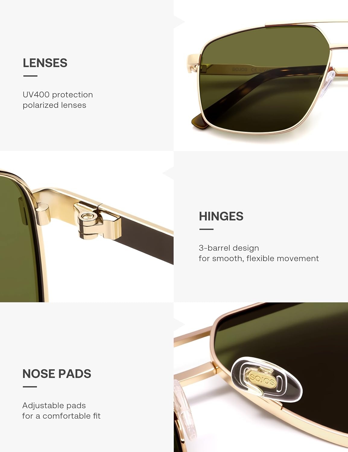image:imageSOJOS Trendy Square Polarized Aviator Sunglasses for Women Men 80s 90s Retro Vintage Aviators SJ1283Yellow GoldOlive Green