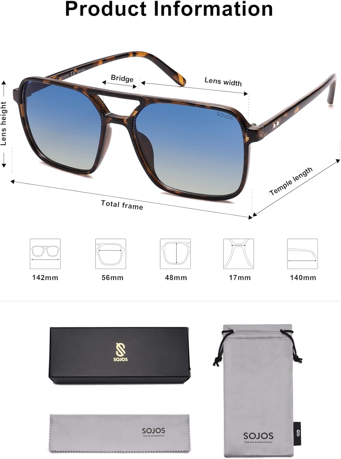 image:imageSOJOS Trendy Vintage Aviator Square Sunglasses For Womens Mens Retro 70s UV400 Women Sun Glasses SJ2327TortoiseBlue Grading