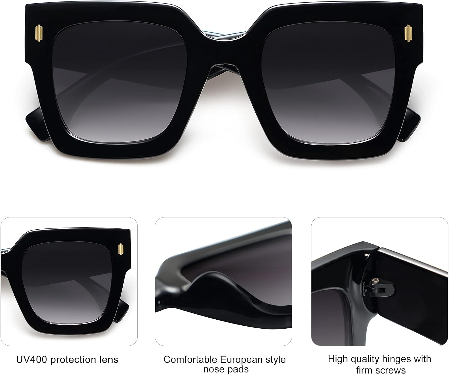 image:imageSOJOS Vintage Oversized Square Sunglasses for WomenRetro Womens Luxury Big Large Sun Glasses UV400 SJ2194Black FrameGrey Grading Lens