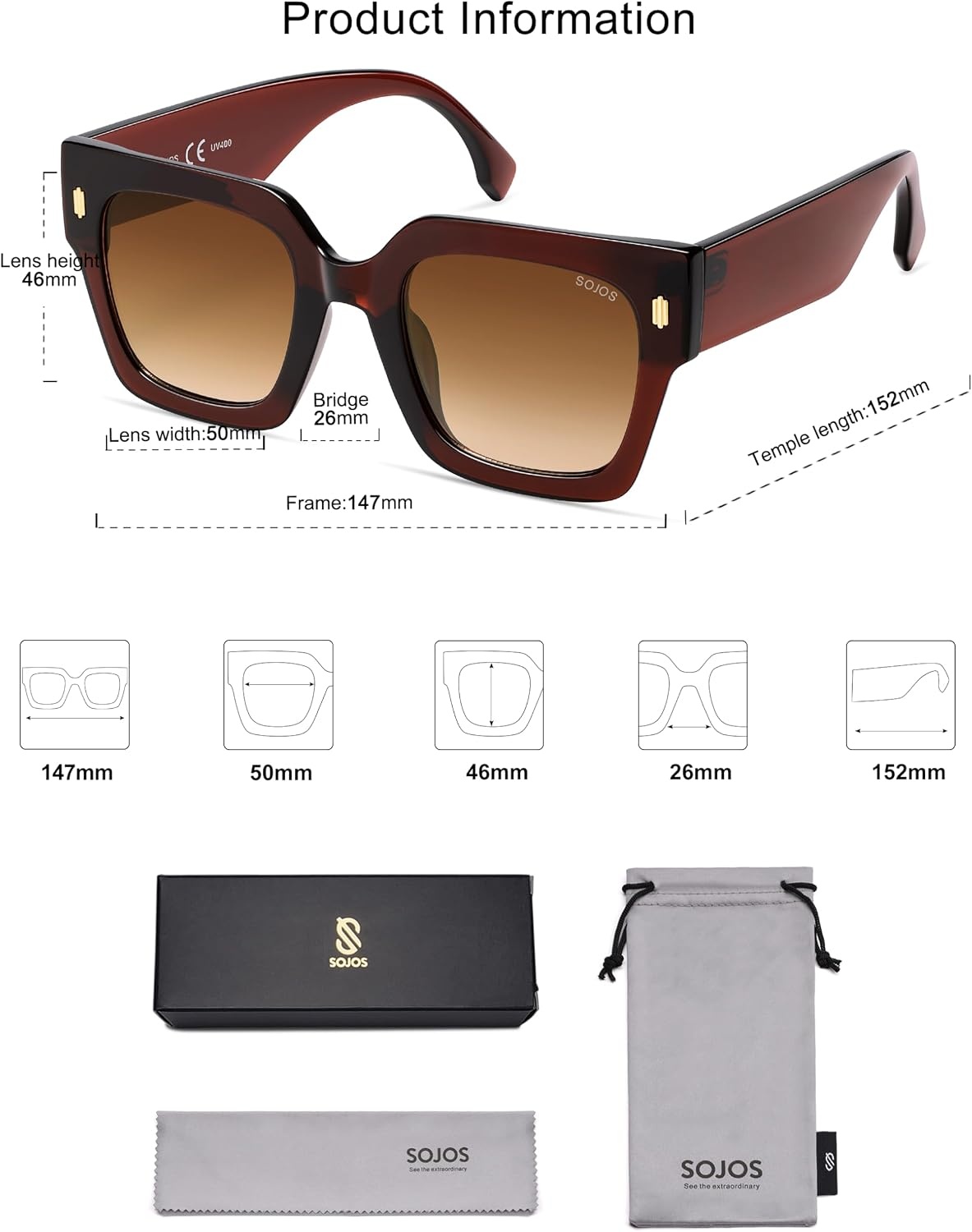 image:imageSOJOS Vintage Oversized Square Sunglasses for WomenRetro Womens Luxury Big Large Sun Glasses UV400 SJ2194BrownBrown Grading