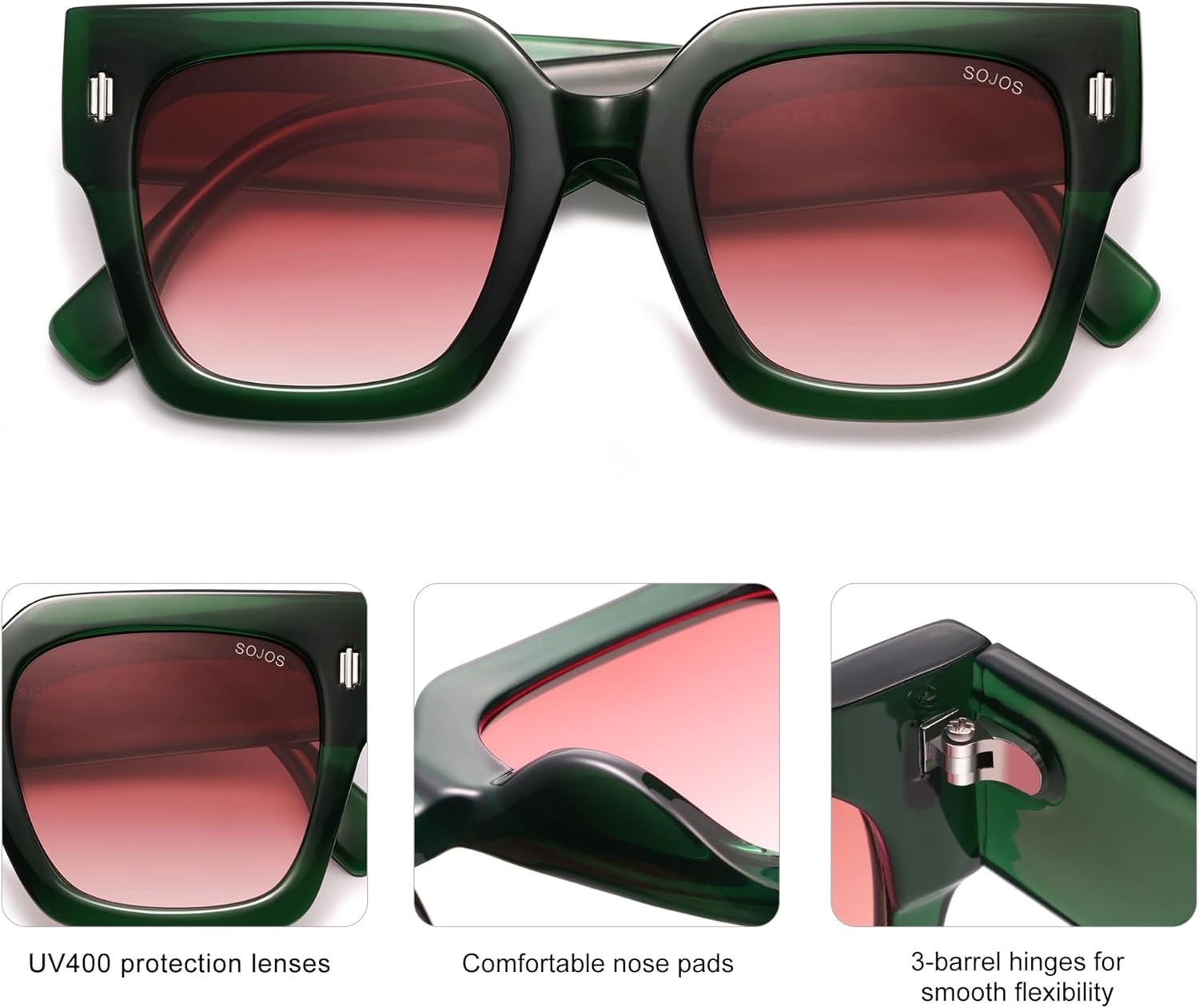 image:imageSOJOS Vintage Oversized Square Sunglasses for WomenRetro Womens Luxury Big Large Sun Glasses UV400 SJ2194Green FramePink Grading Lens