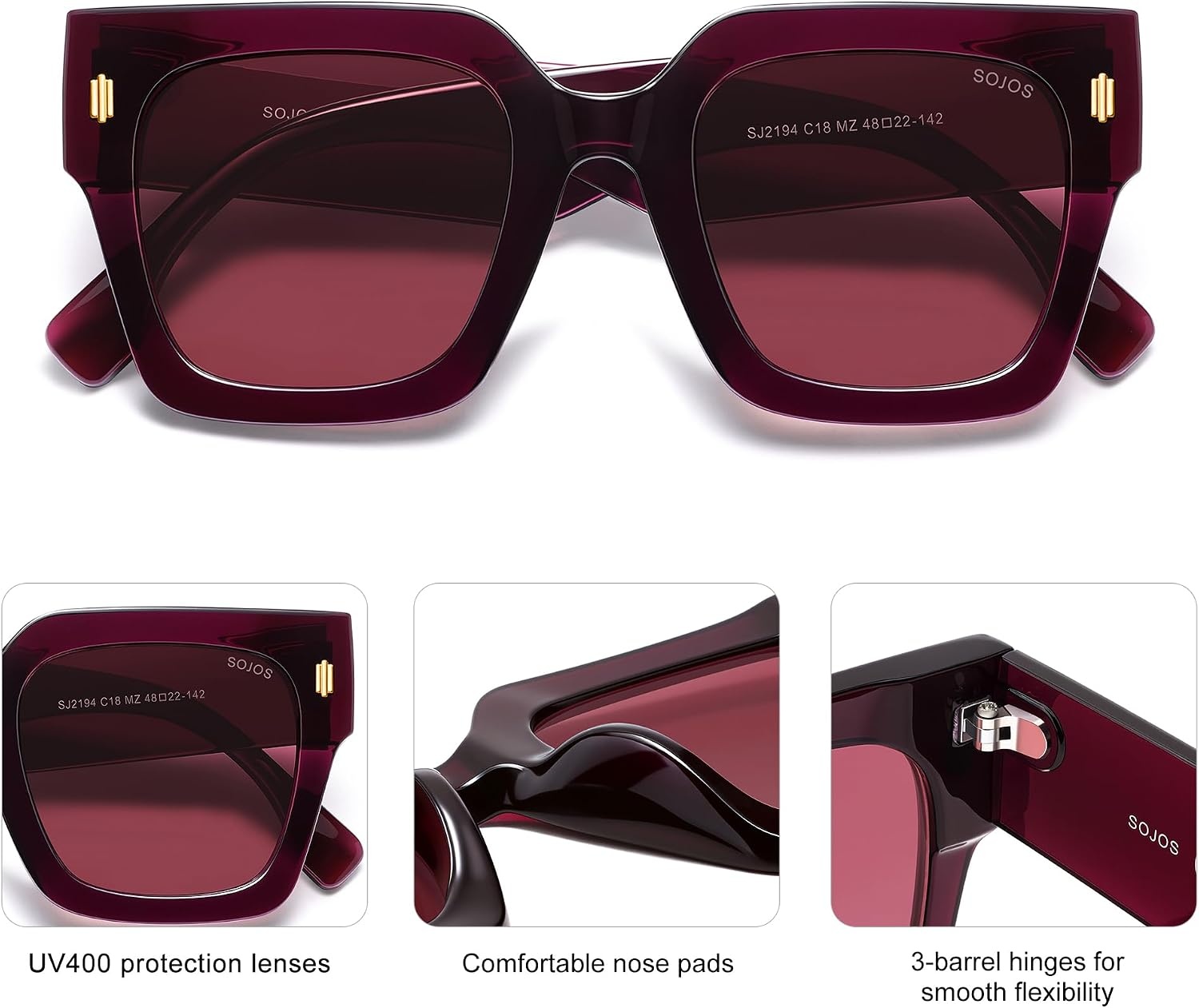 image:imageSOJOS Vintage Oversized Square Sunglasses for WomenRetro Womens Luxury Big Large Sun Glasses UV400 SJ2194PurplePurple